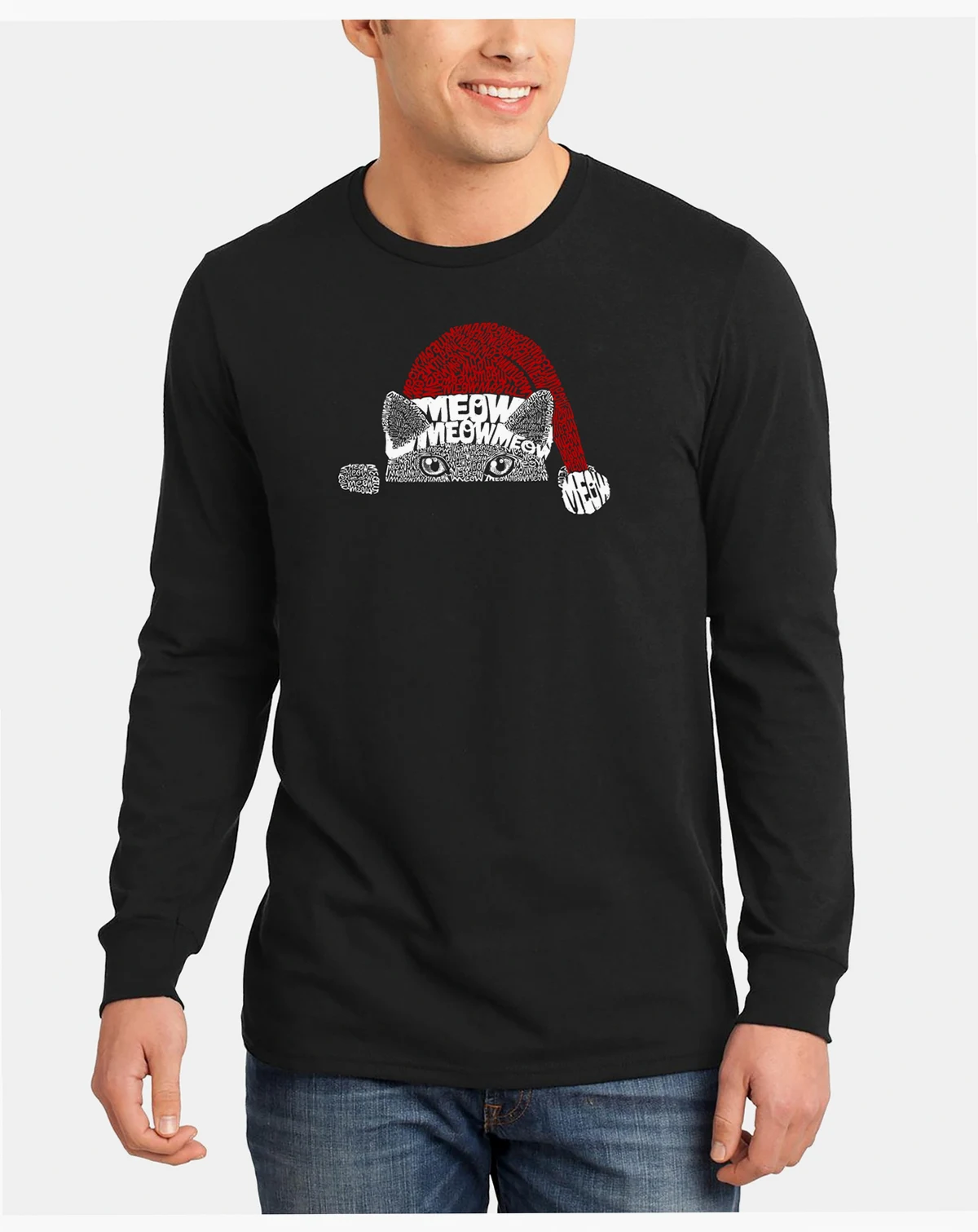 Men's Christmas Peeking Cat Word Art Long Sleeve T-shirt