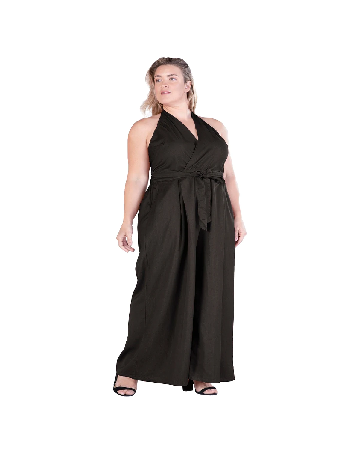 Women's Halter Smoked Waist Poplin Wide Leg Jumpsuit