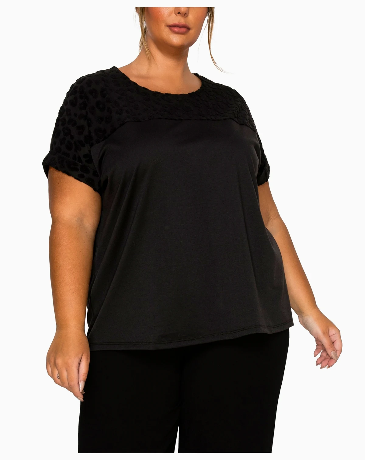 Plus Size Cheetah Burnout Contrast Yoke Dolman Top