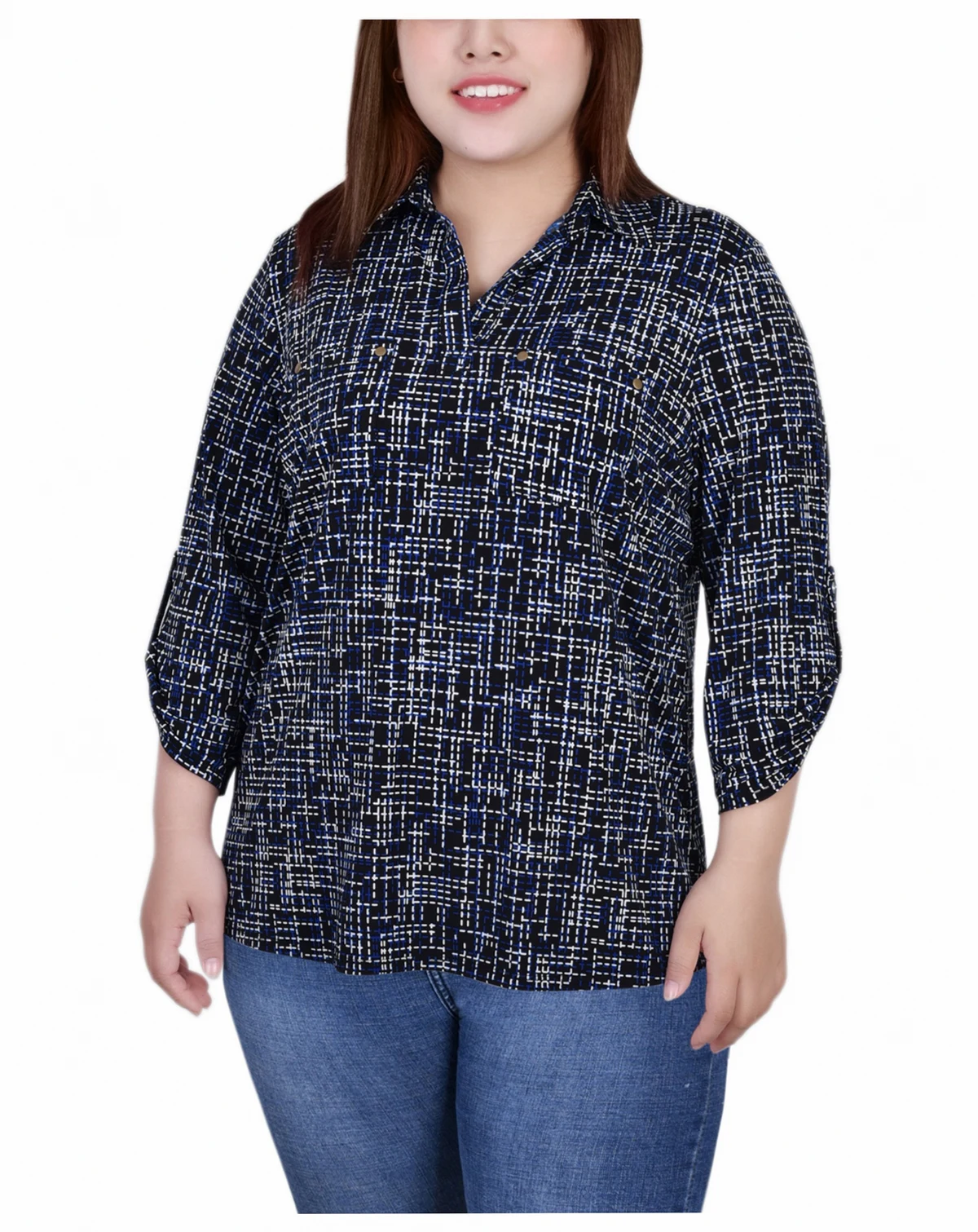Plus Size 3/4 Ruched Sleeve Studded Top