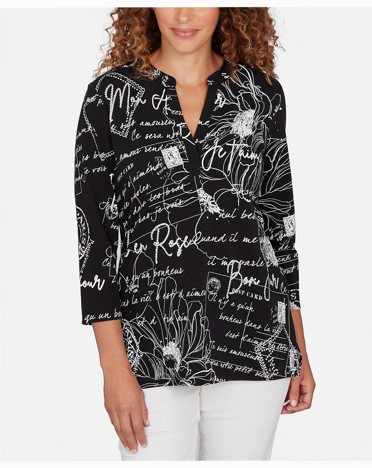 Petite Parisian Print Embellished Knit Top