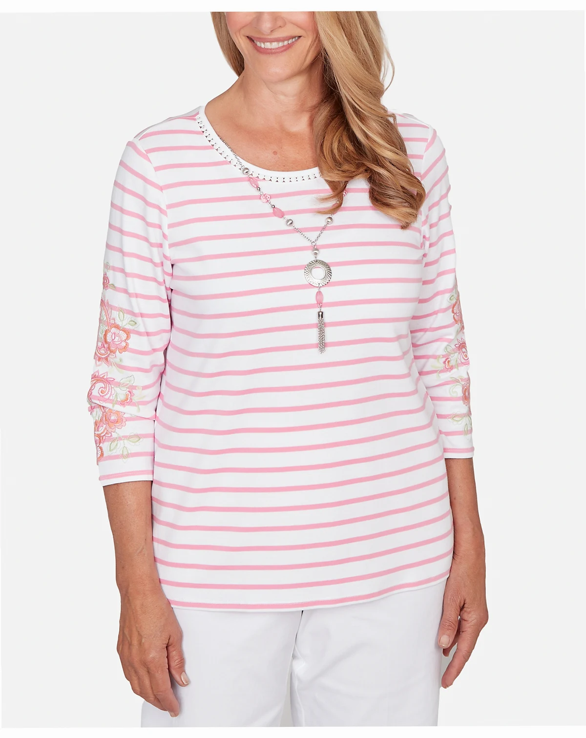 Women's Classic Stripe Embroidered Sleeve Top with Necklace