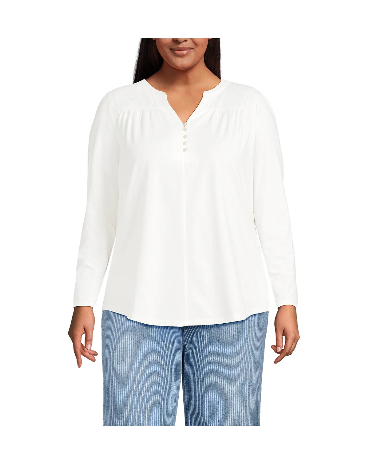 Women's Plus Size Long Sleeve Lightweight Jersey Notch Neck Tunic Top