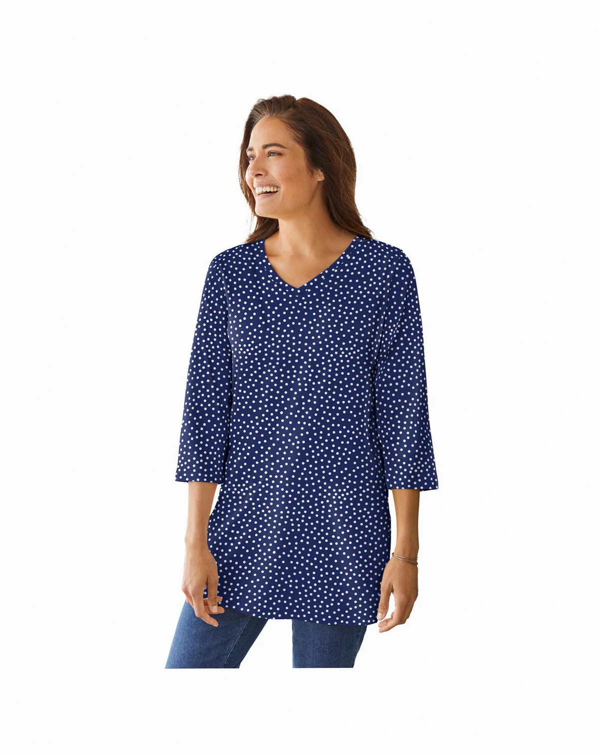 Plus Size Perfect Printed Three-Quarter-Sleeve V-Neck Tunic