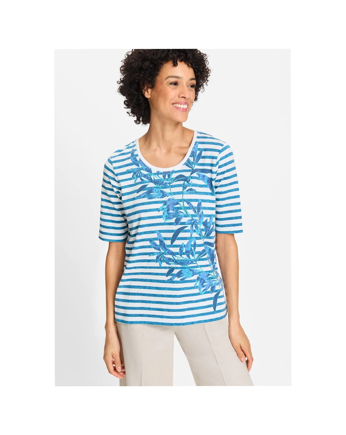 Women's Striped and Foliage Print T-Shirt