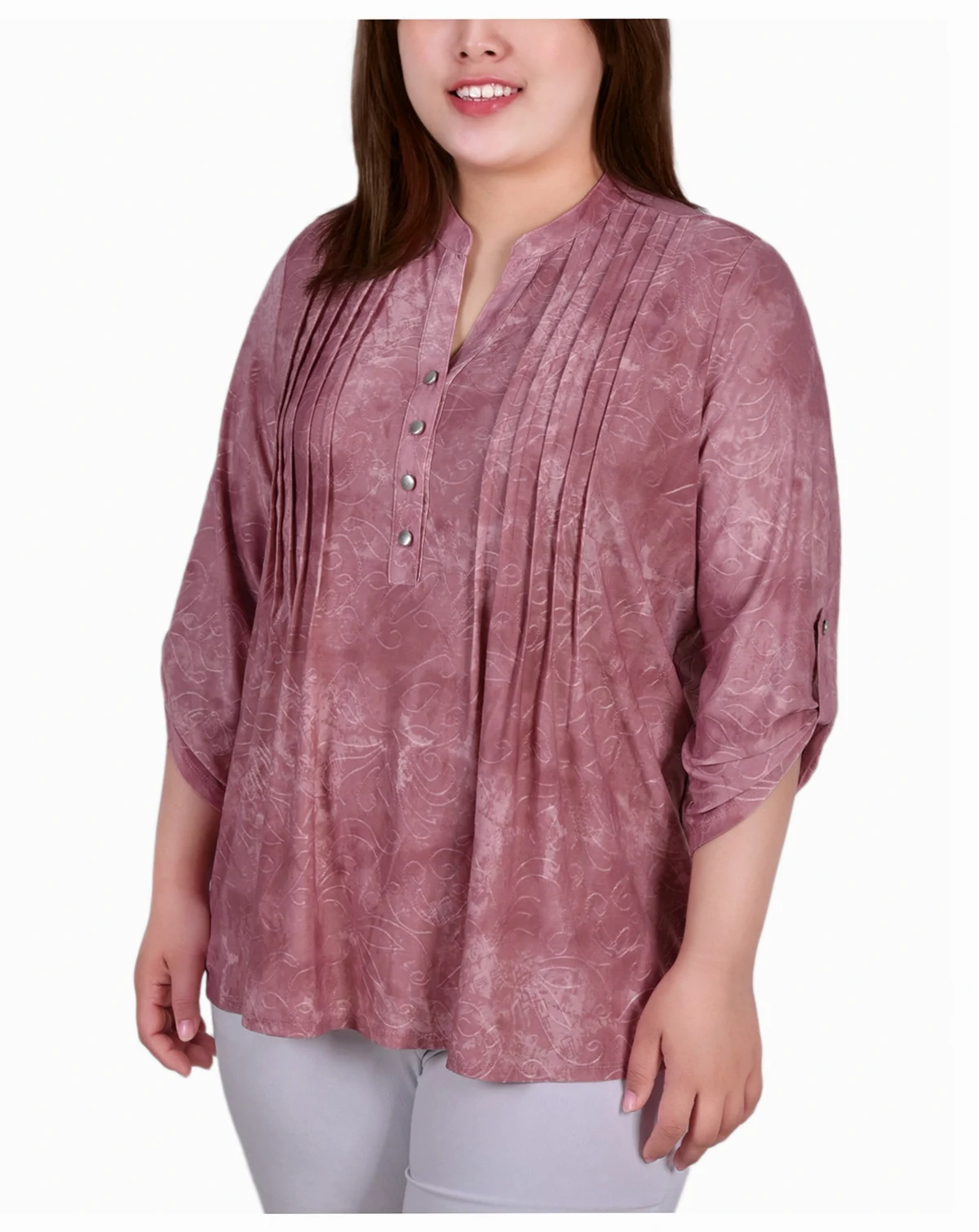 Plus Size 3/4 Roll Tab Sleeve Y-Neck Top