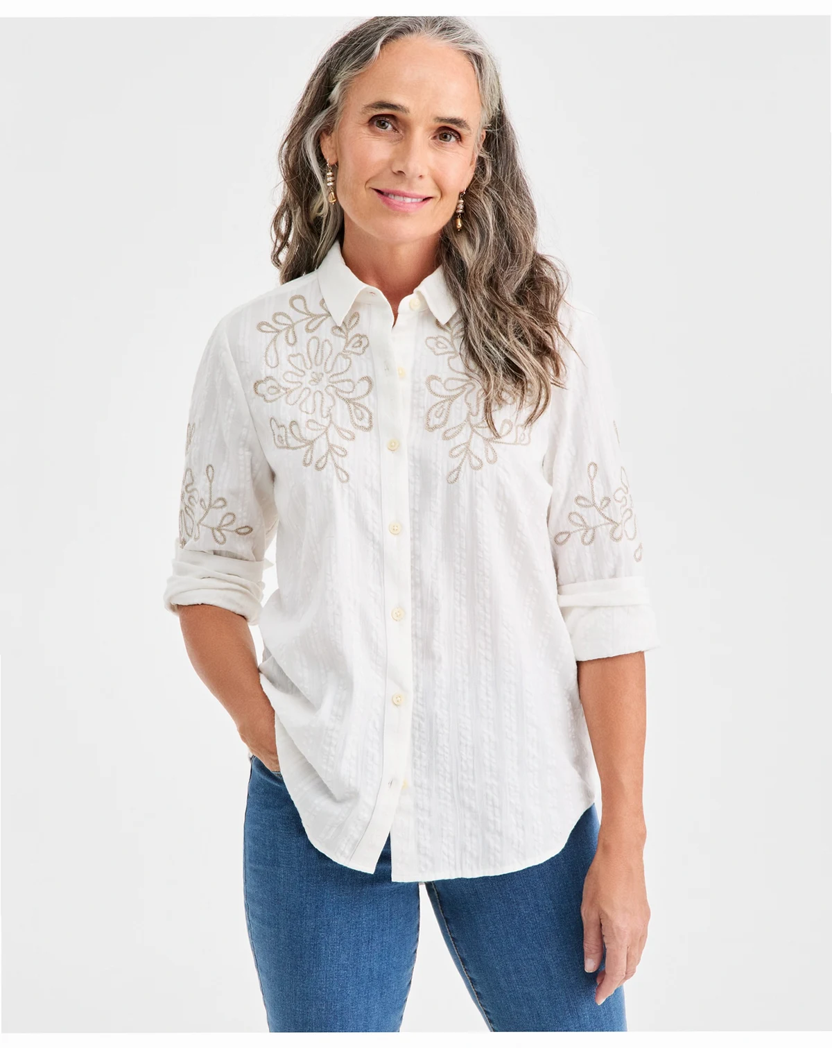 Petite 3/4-Sleeve Woven Button Shirt, Macy's Exclusive