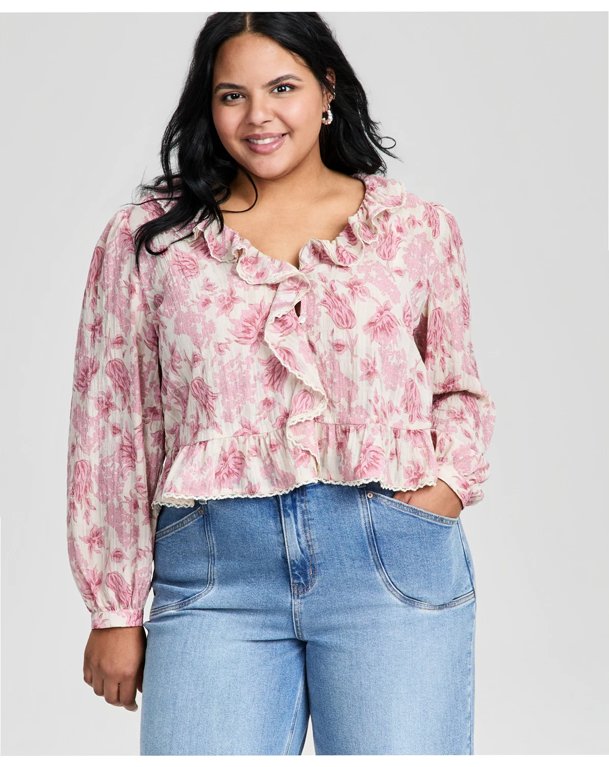 Trendy Plus Floral Ruffle-Trim Peplum Blouse, Macy's Exclusive