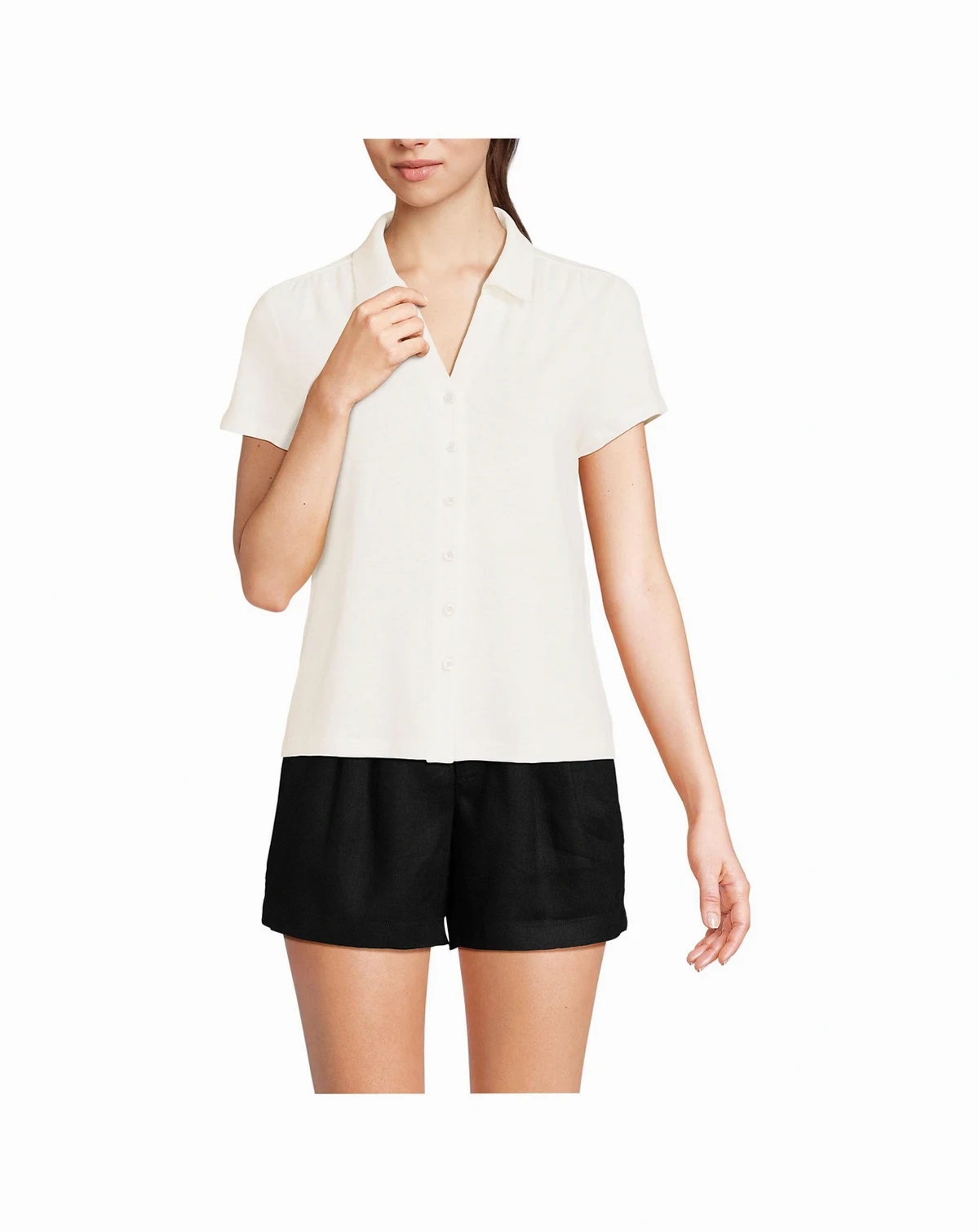 Women's Linen Blend Short Sleeve Button Front Polo Top