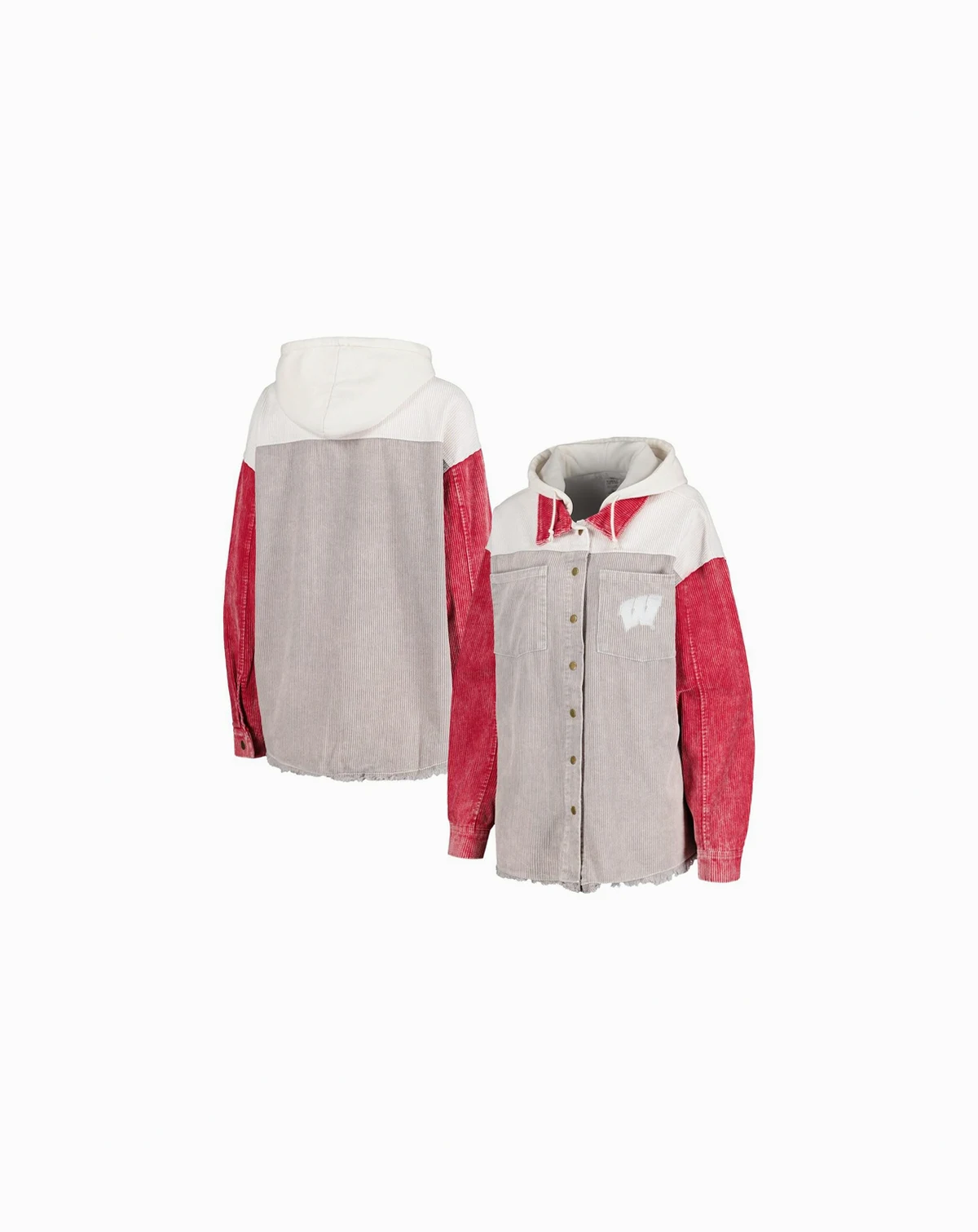 Women's Gray Distressed Wisconsin Badgers Vintage-Like Wash Corduroy Full-Snap Hooded Shacket