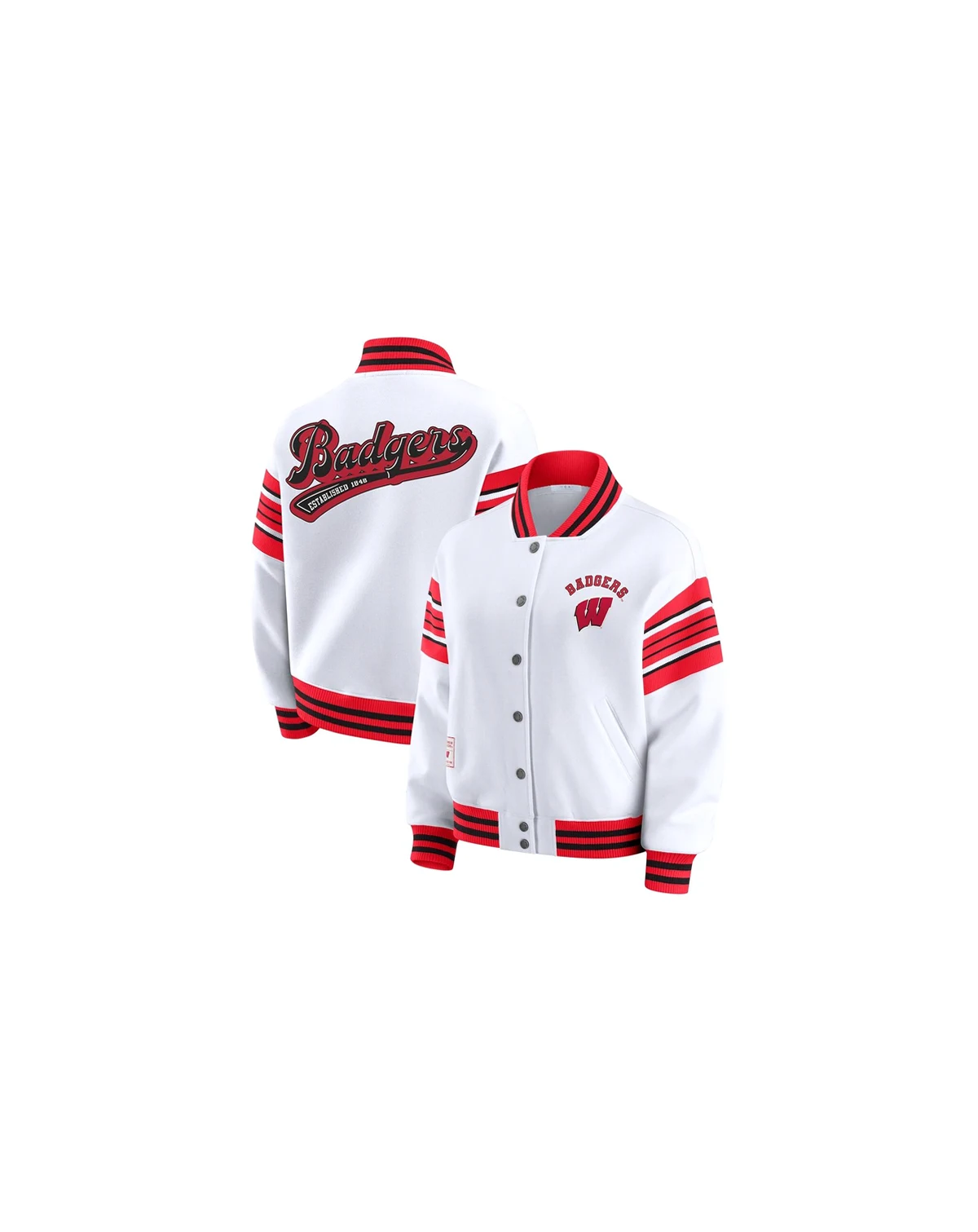 Women's White/Red Wisconsin Badgers Satin Stitch Full-Snap Fleece Sweatshirt Jacket