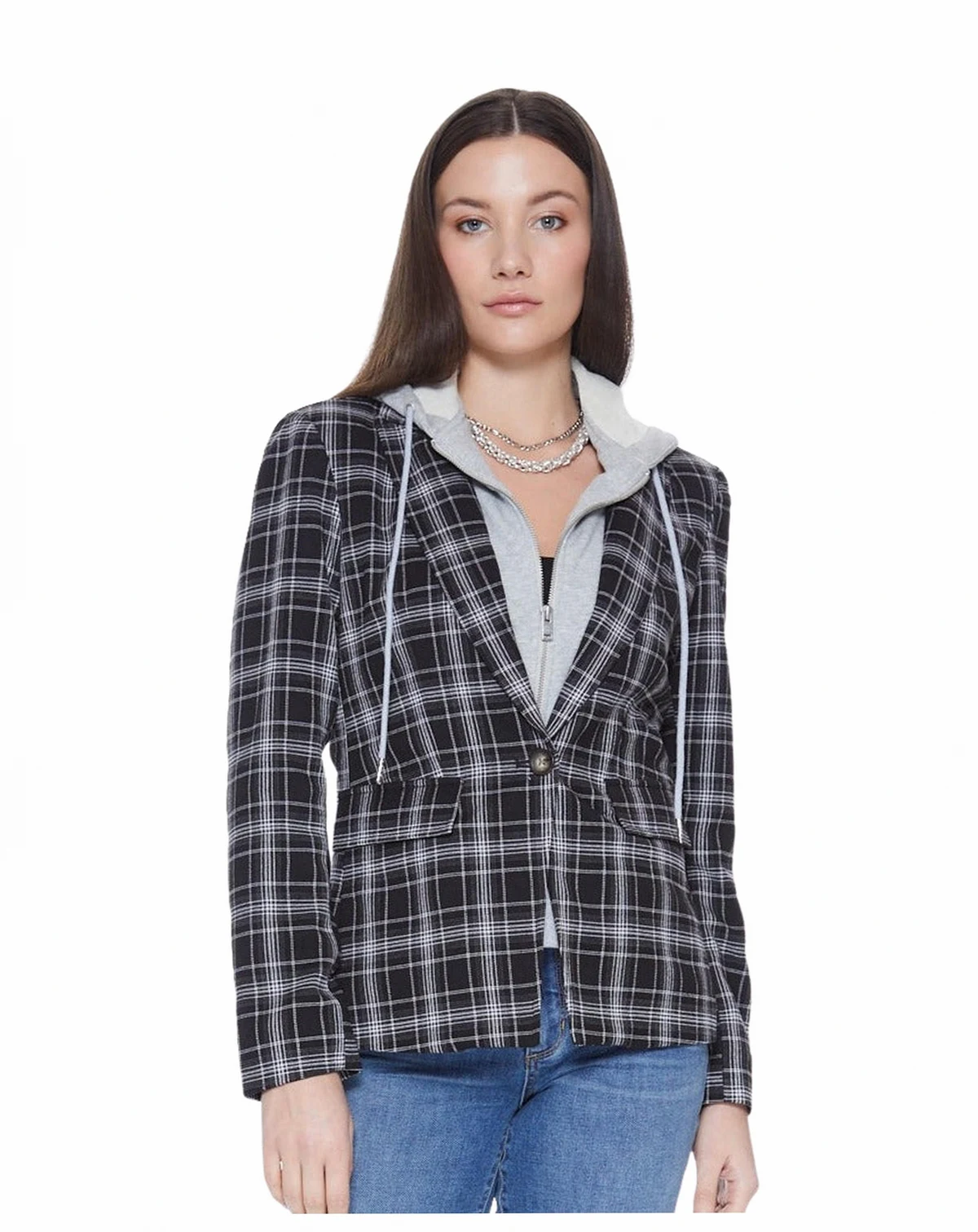 Women's Helen Blazer With Removable Hoodie Insert, Black Plaid
