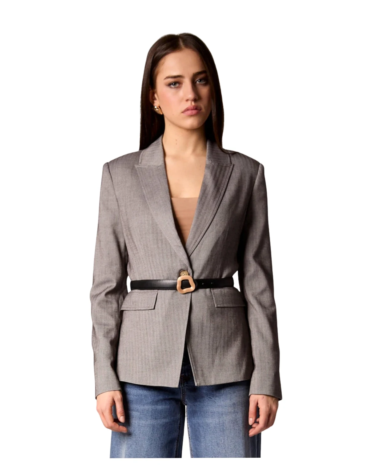 Women's Taylor Grey Herringbone Belted Blazer