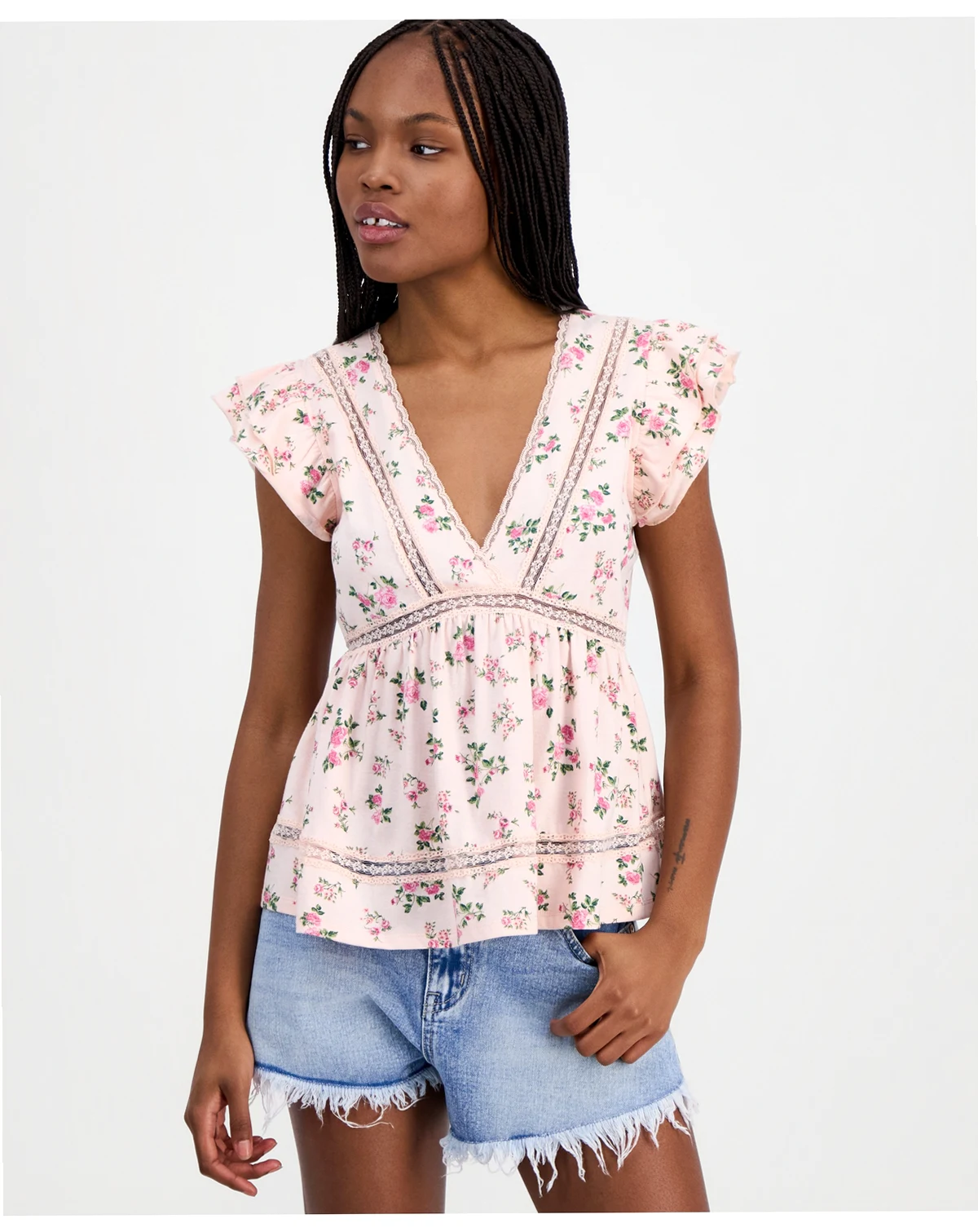 Juniors' Flutter-Sleeve Babydoll Top