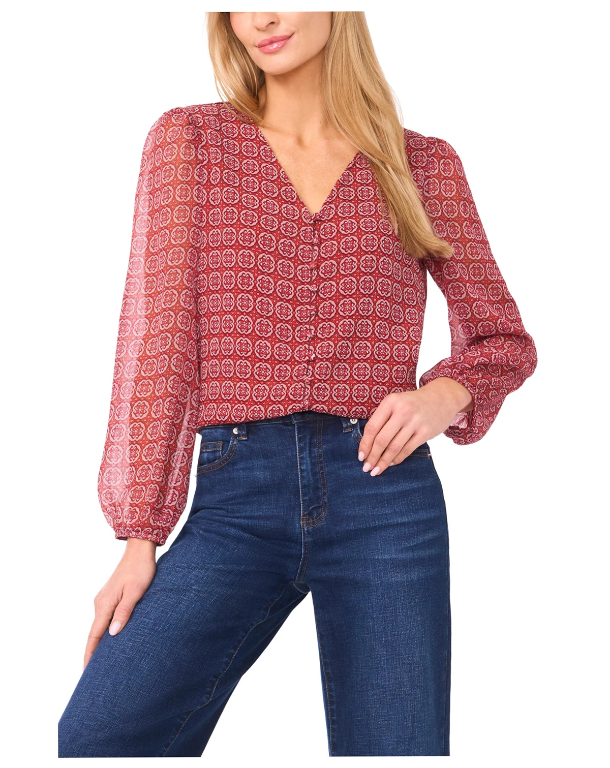 Women's Elastic Cuff V-Neck Button Up Top