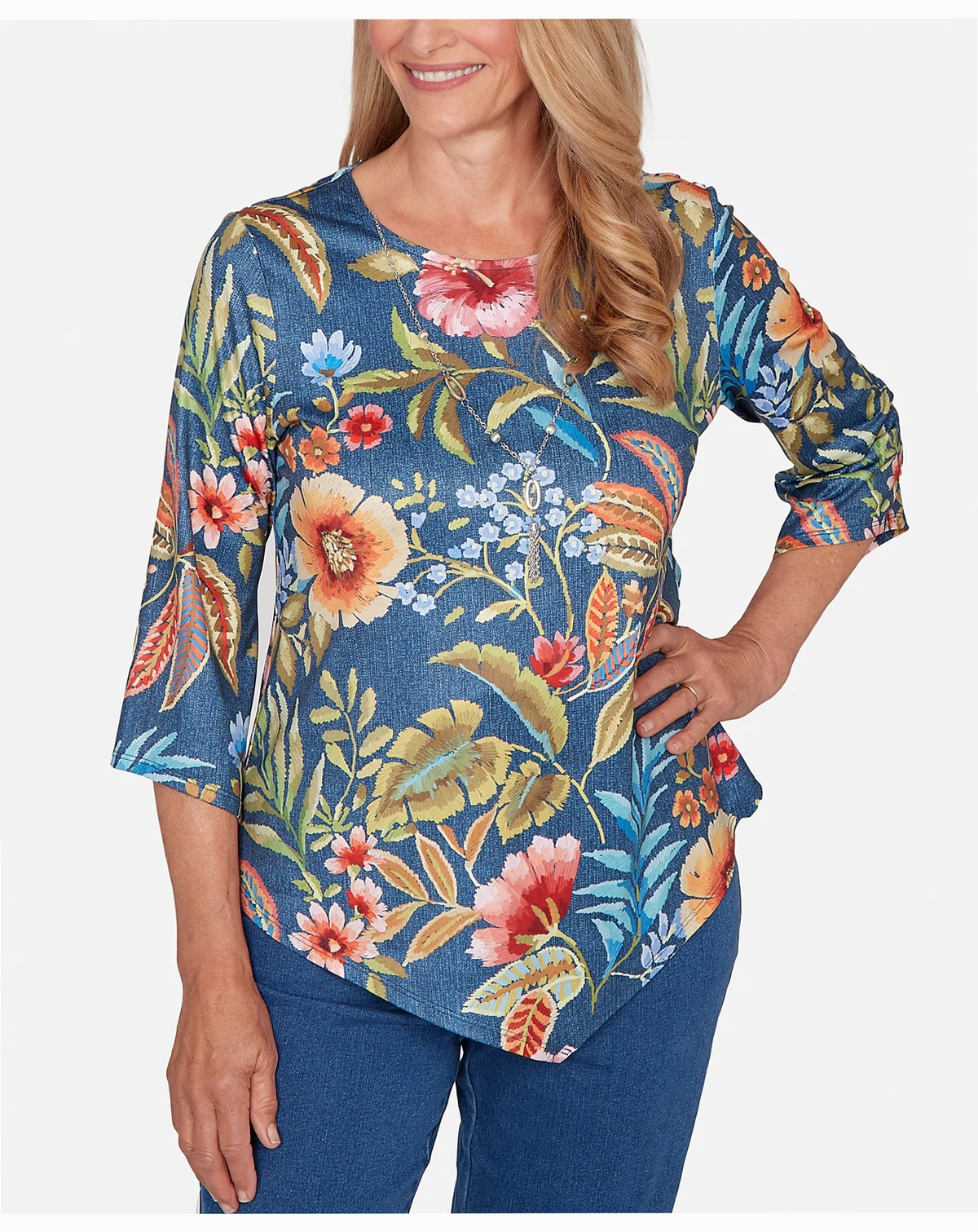 Petite Classic Floral Print Pointed Hem Top with Necklace