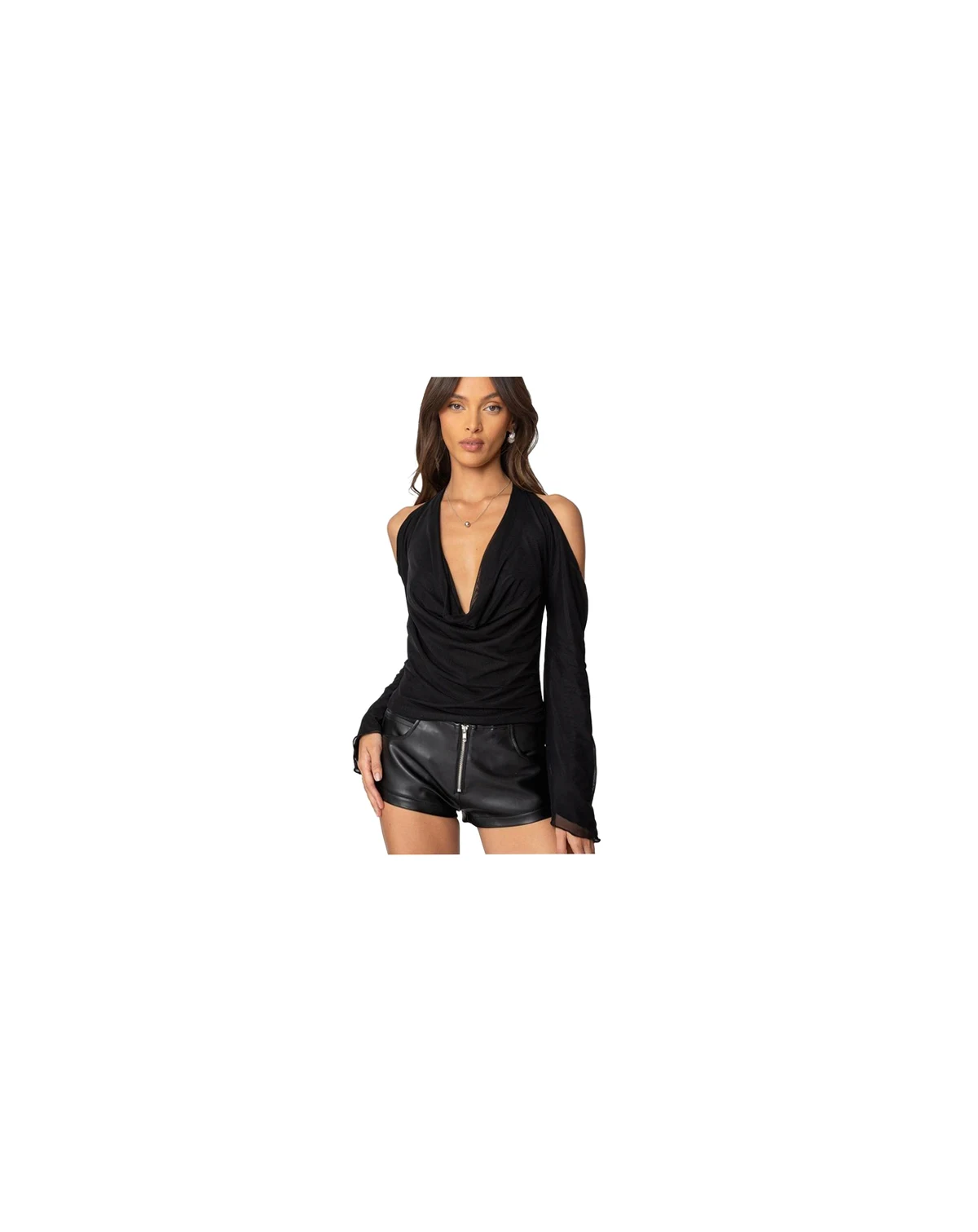 Womens Open Shoulder Cowl Neck Top