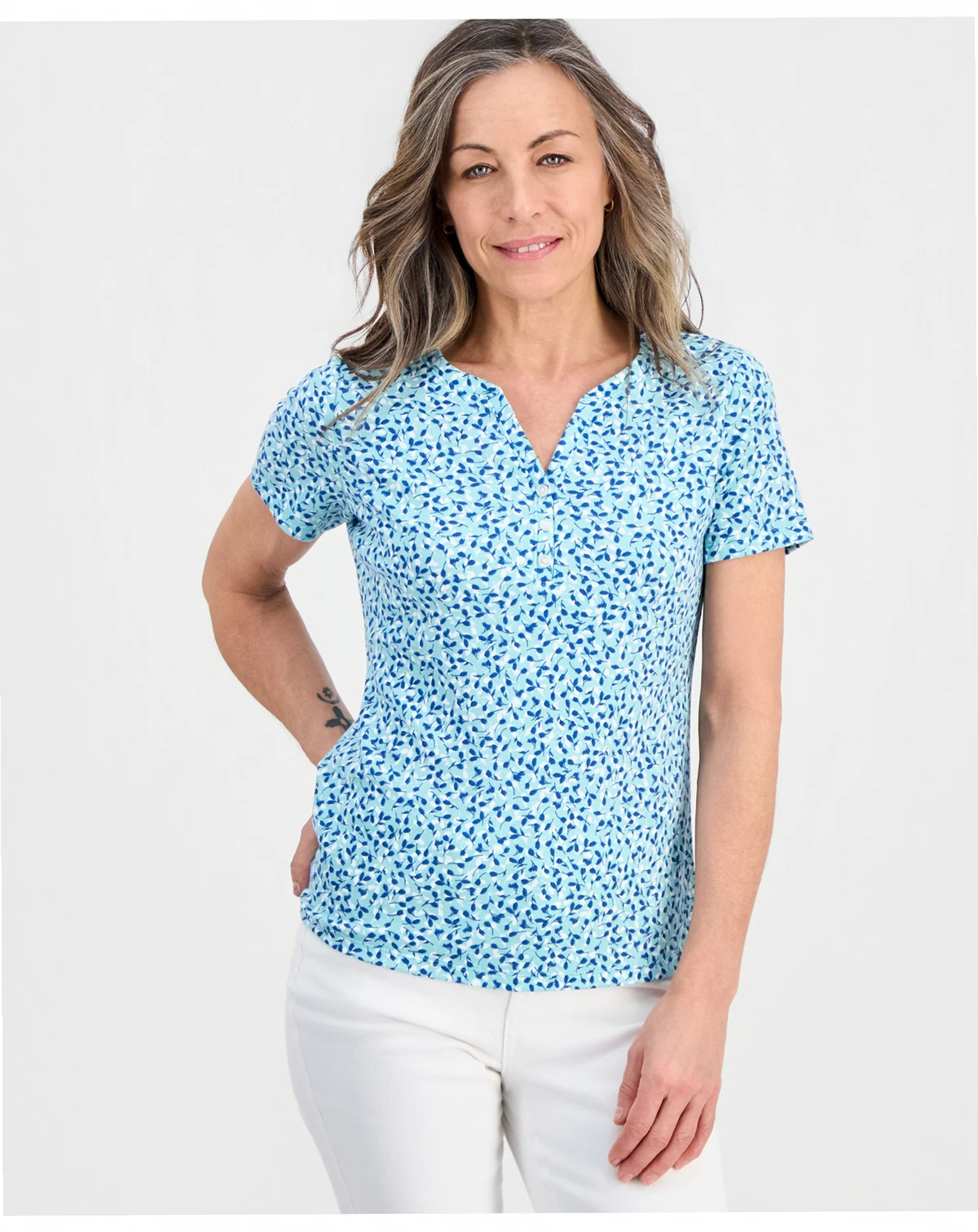 Petite Scattered Buds Henley Short-Sleeve T-Shirt, Macy's Exclusive