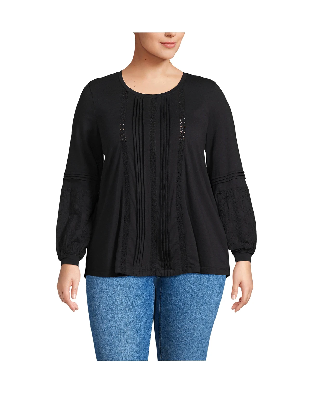 Plus Size Lightweight Jersey Lace Mix Long Sleeve Pintuck Top