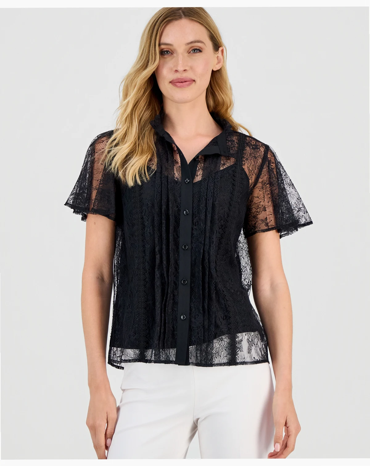 Women's Flutter-Sleeve Button-Front Lace Blouse