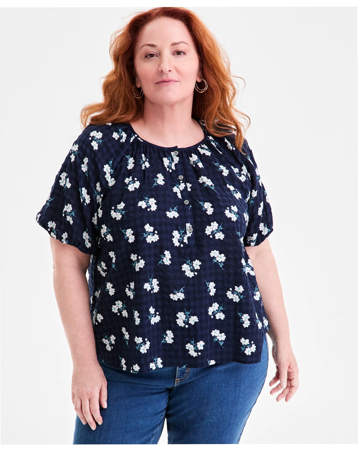 Plus Size Floral-Print Puff-Sleeve Top