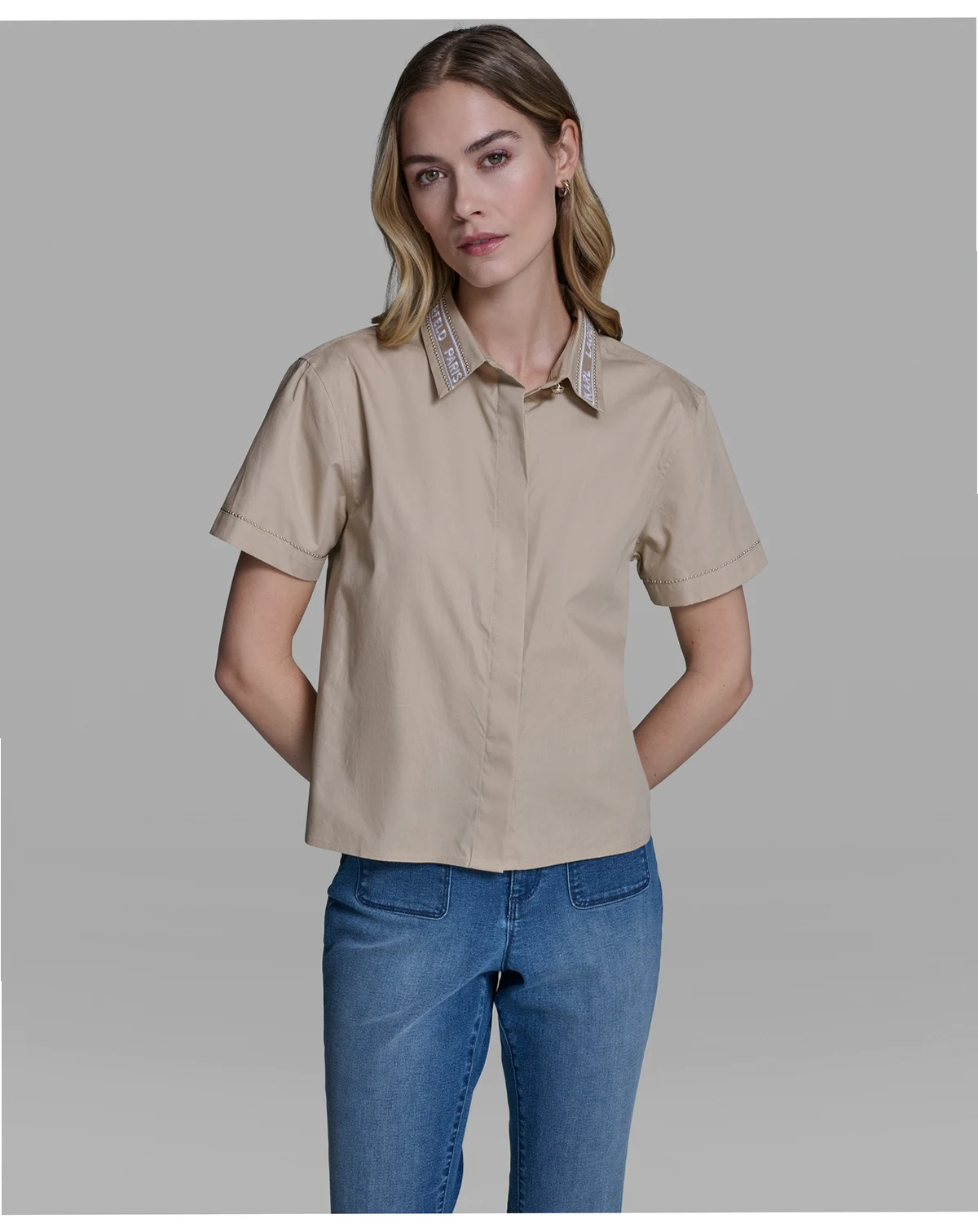 Women's Short-Sleeve KLP Embroidered-Collar Top
