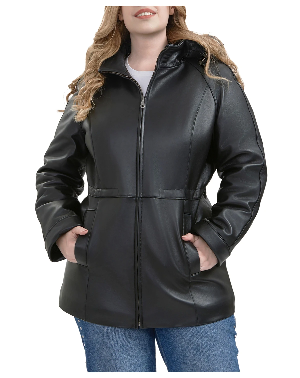 Plus Size Uzima Leather Hooded Parka Coat
