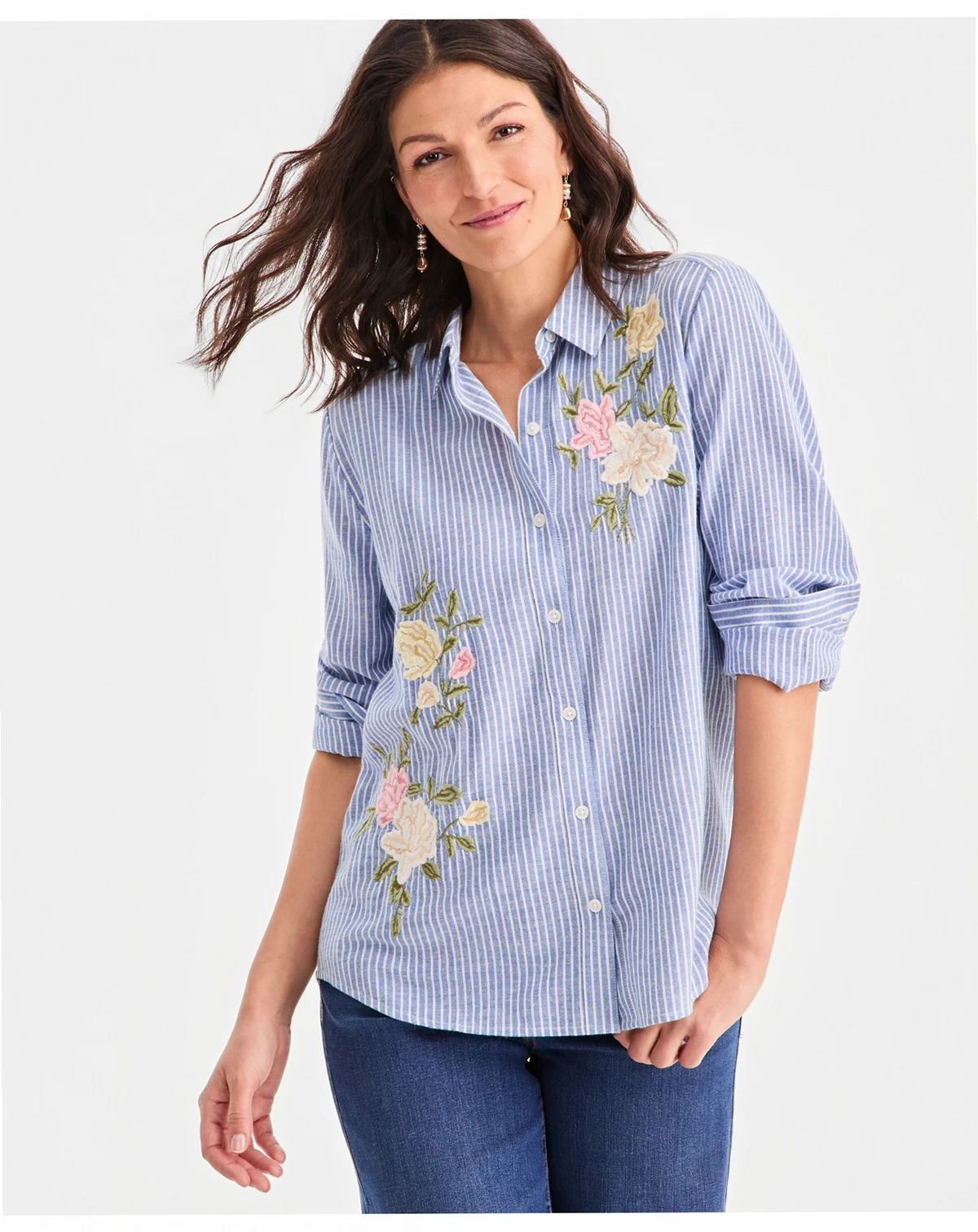 Women's Embroidered Stripe Perfect Shirt, Macy's Exclusive