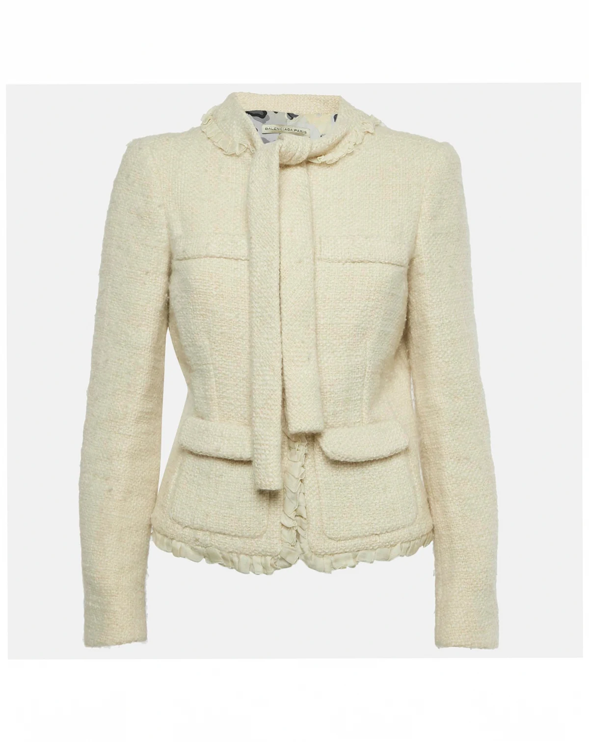 Women's Cream Tweed Ruffled Tie-Up Neck Detail Jacket