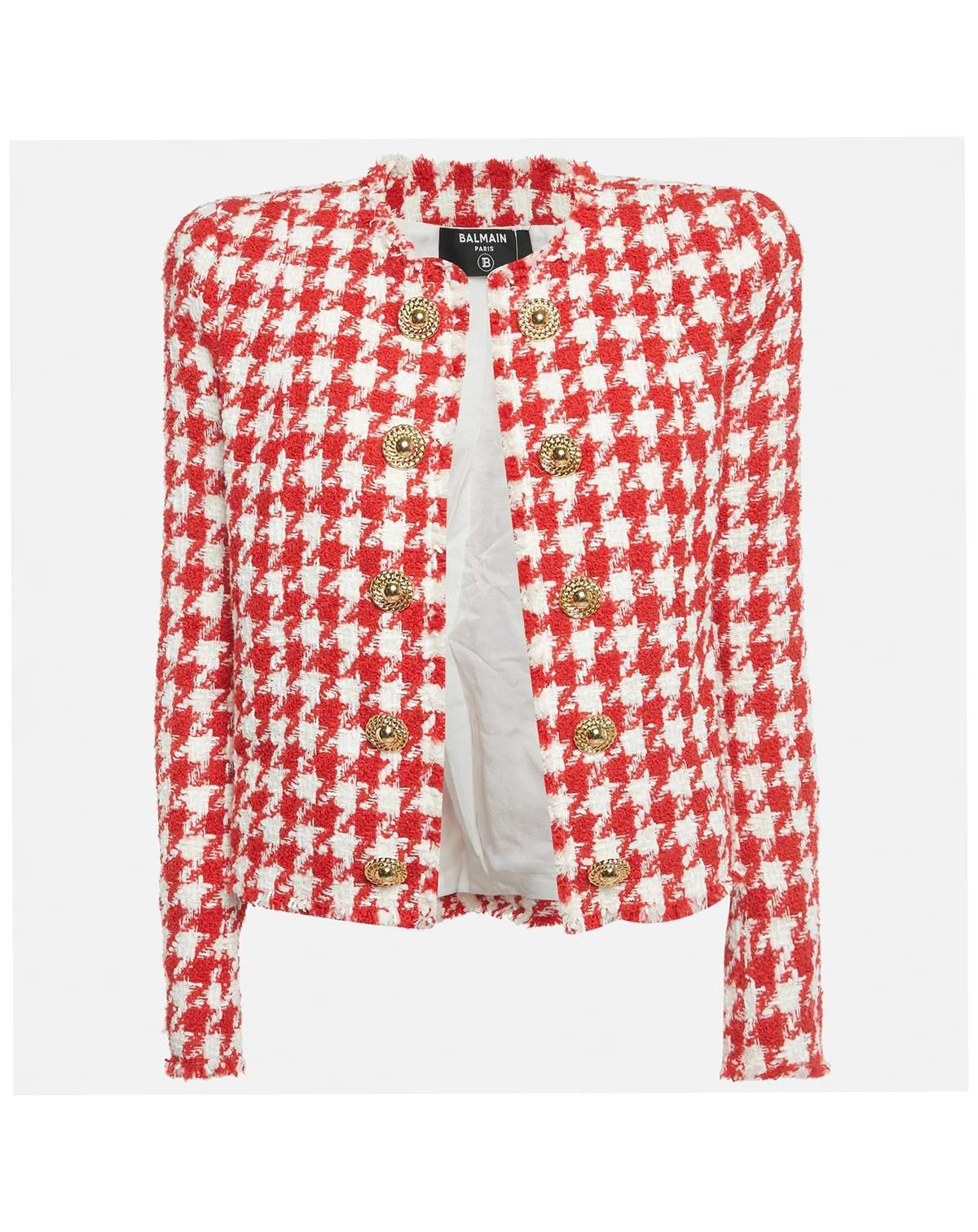 Women's Red /white Houndstooth Tweed Open Front Jacket