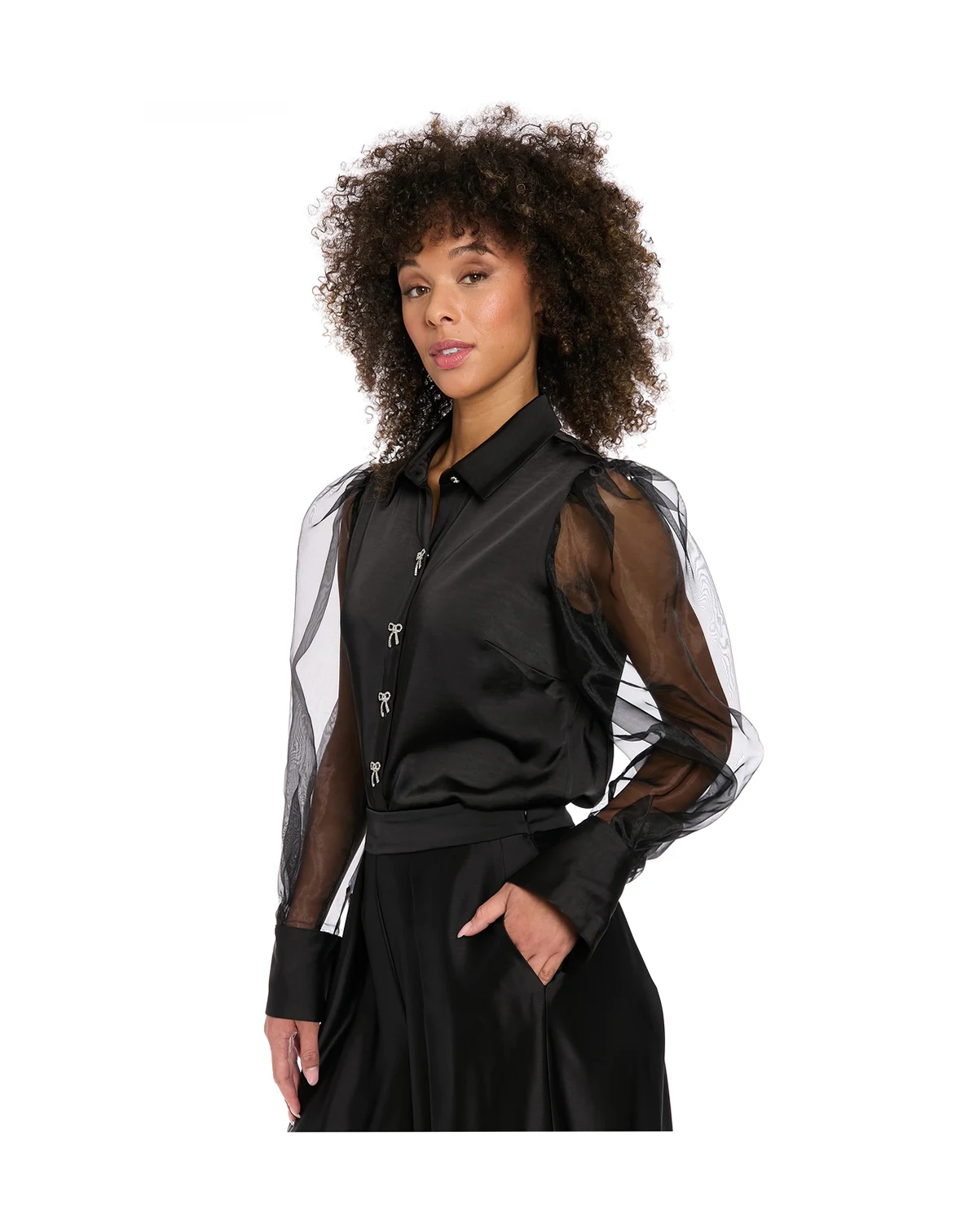 Women's Bow-Button Sheer Bishop-Sleeve Blouse