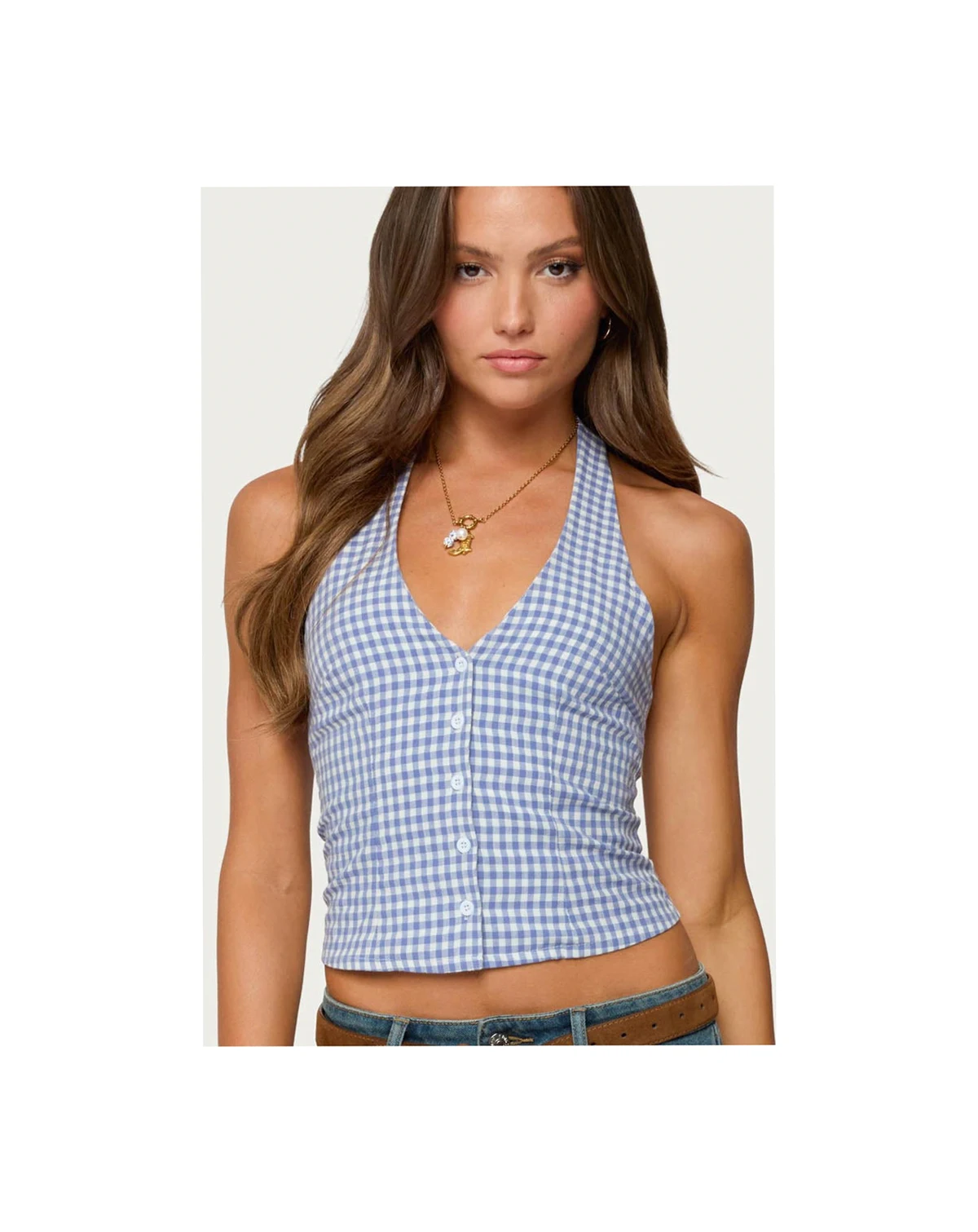 Womens Evan Gingham Button Up Halter Top