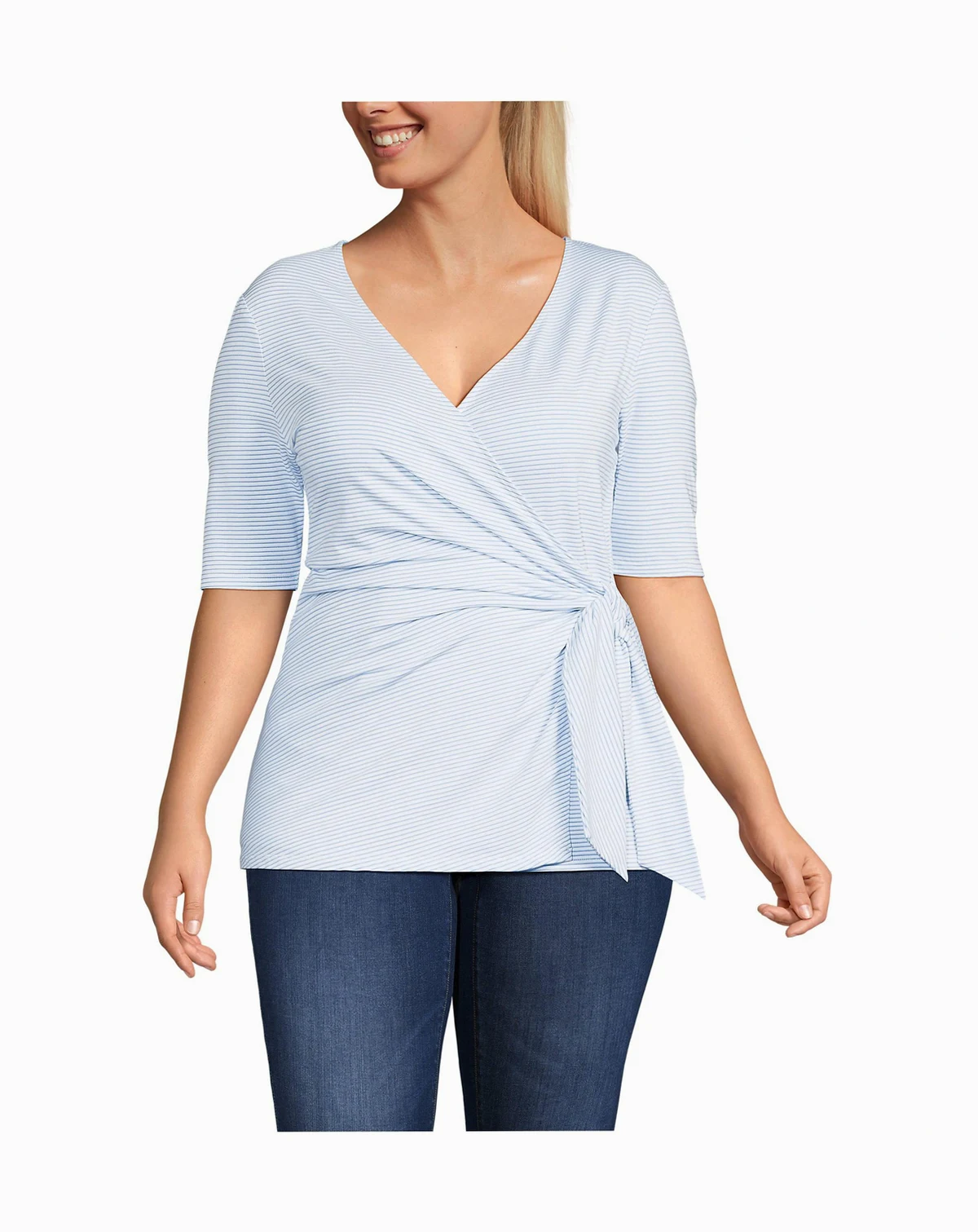 Plus Size Elbow Sleeve Lightweight Jersey Side Tie Blouse