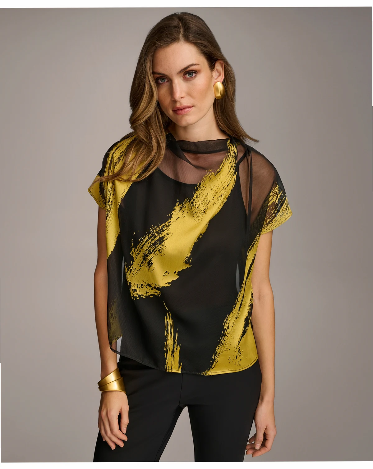 Donna Karan Women's Short Sleeve Metallic Print Blouse