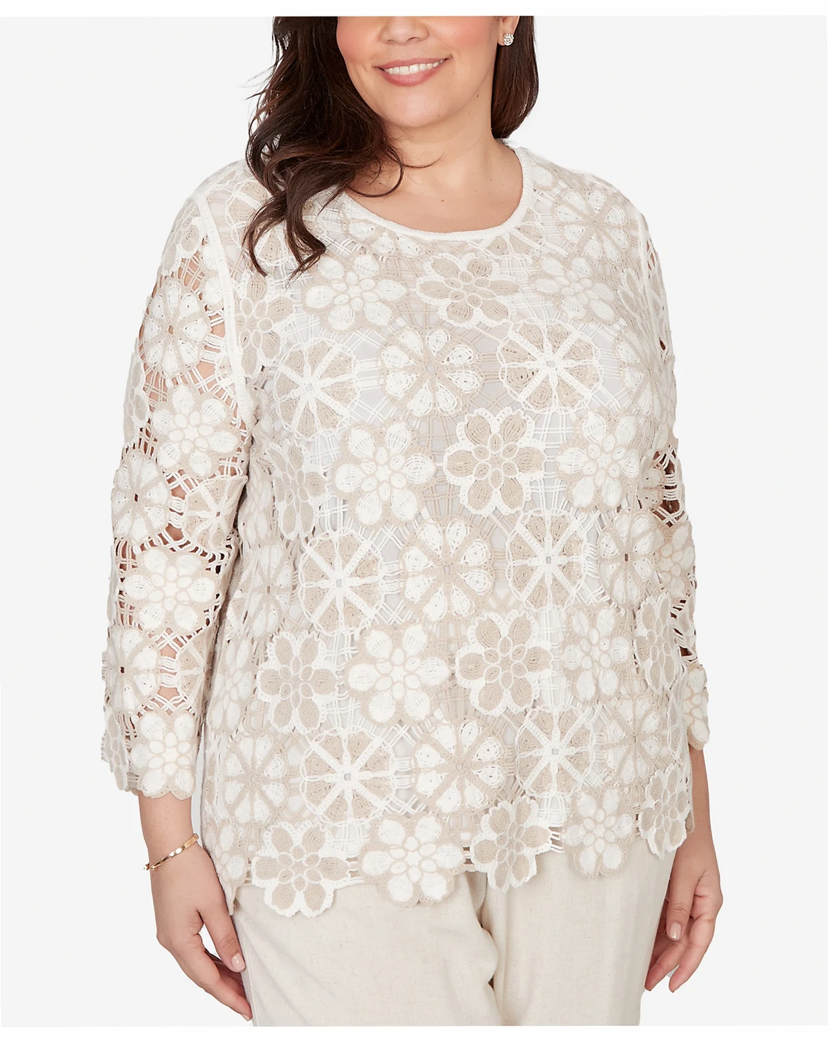 Plus Size Natural Wonder Floral Crochet Three Quarter Sleeve Top