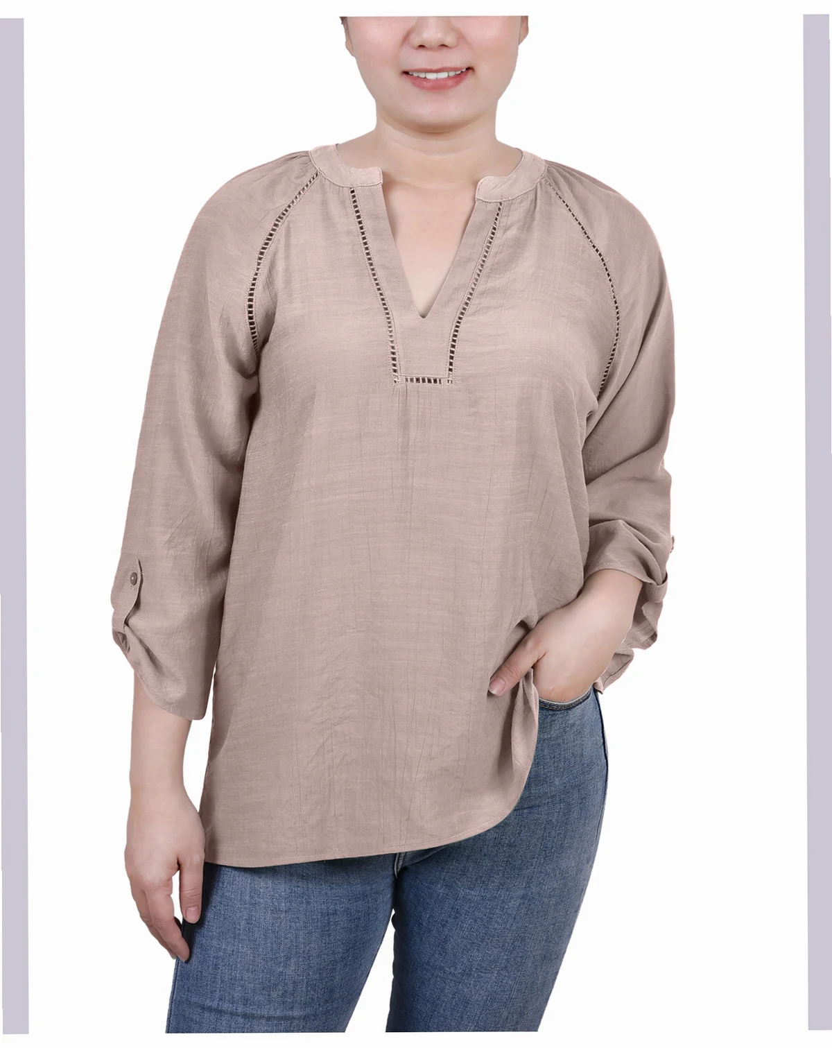 Petite Raglan Sleeve Split Neck Blouse