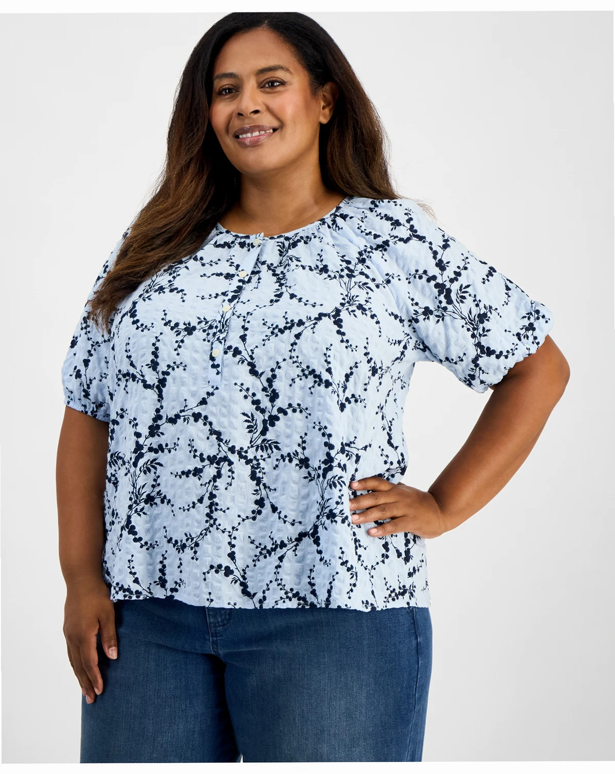 Plus Size Printed Puff-Sleeve Top, Exclusively at Macy's