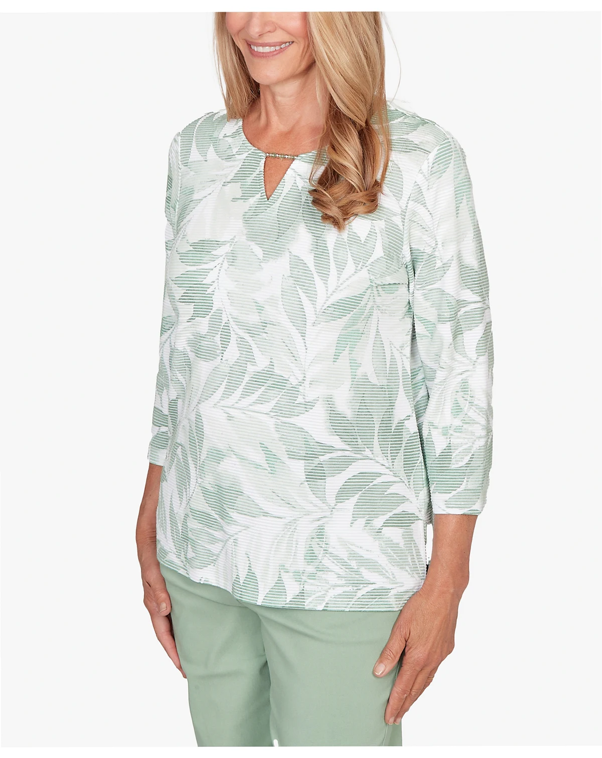 Women's St. Augustine Monotone Leaf Print Split Neck Top