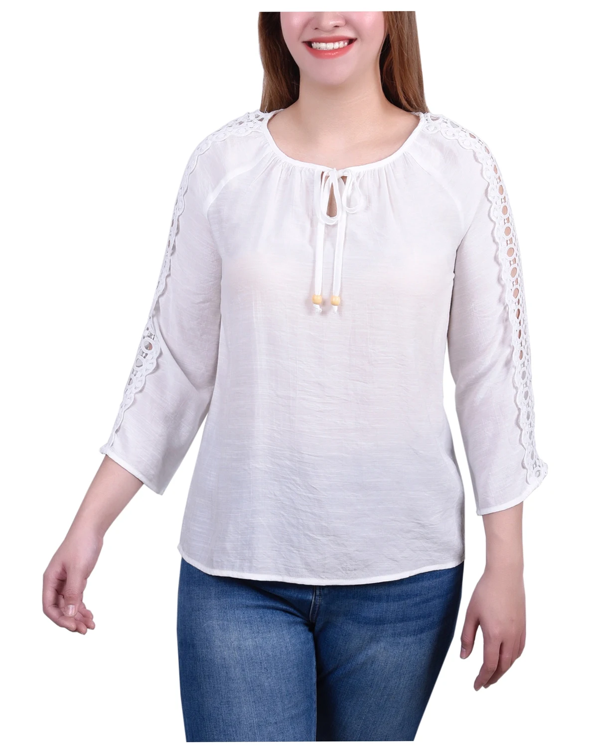 Petite 3/4 Sleeve Crochet Detail Top