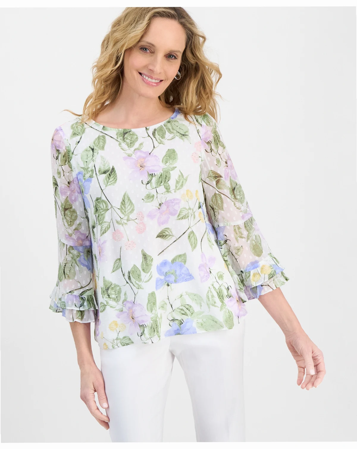 Women's Floral Print Flounce Sleeve Top, Regular & Petite
