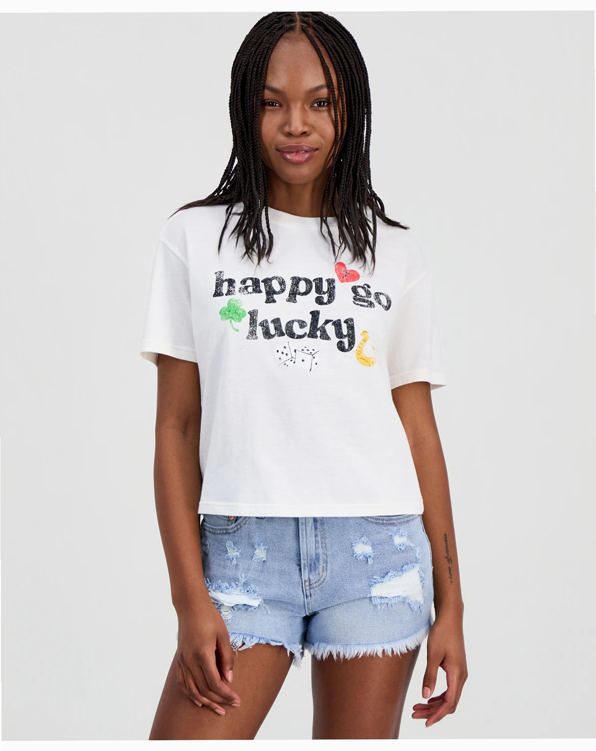 Juniors' Short-Sleeve Cropped Happy Go Lucky Graphic T-Shirt
