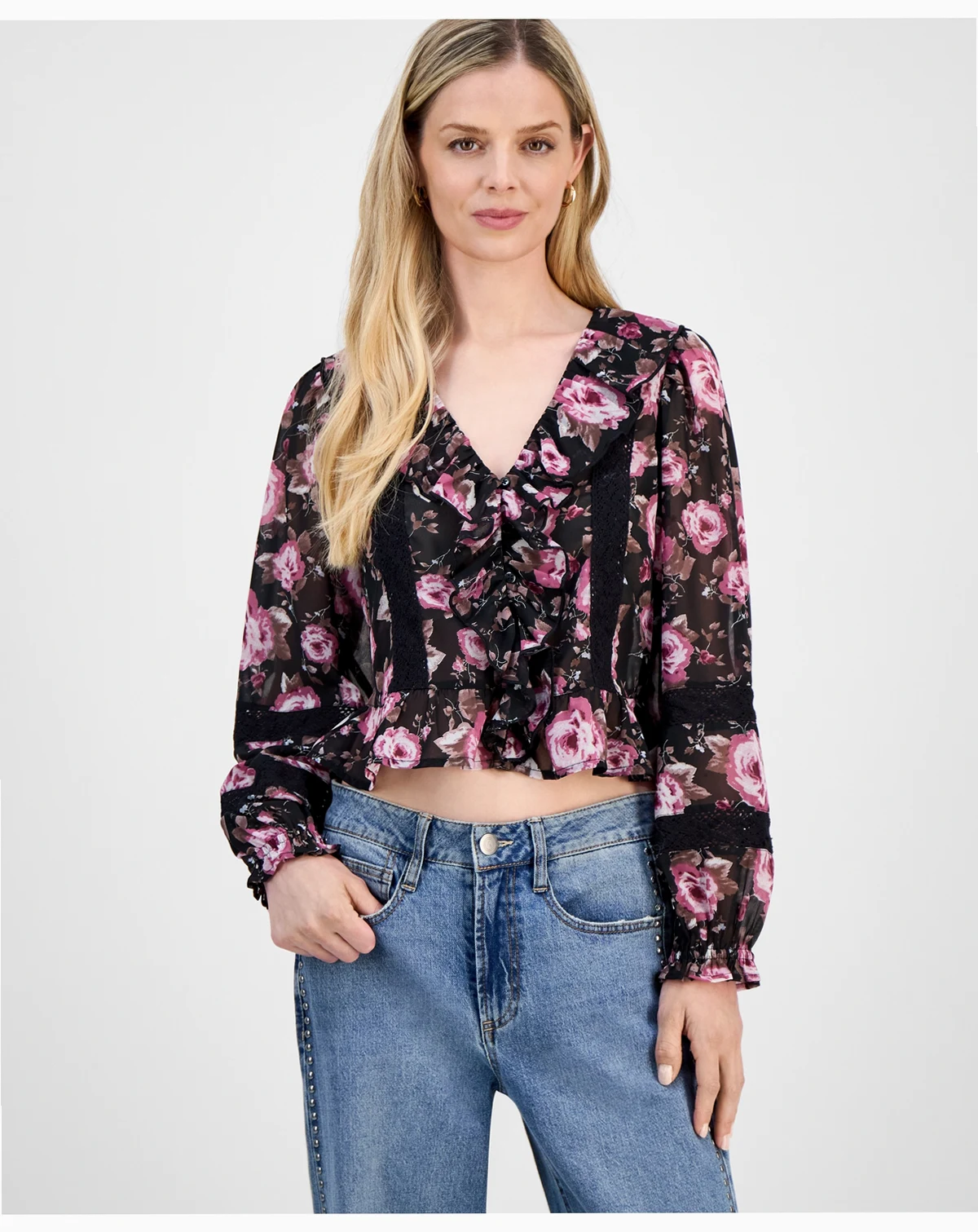 Petite Printed Long-Sleeve Ruffle Top, Macy's Exclusive