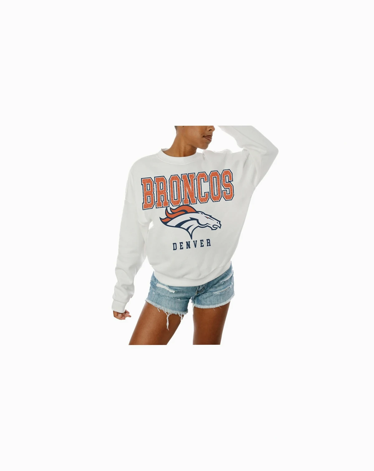 Women's White Denver Broncos Sunday Drives Oversized Crewneck Pullover Sweatshirt