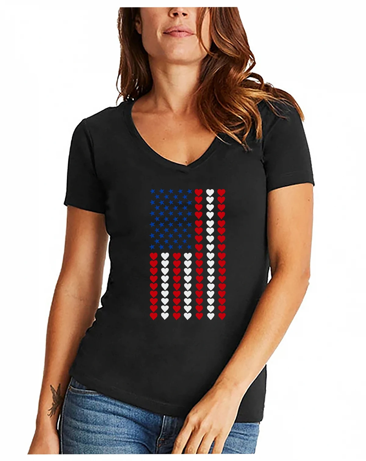 Women's Word Art Heart Flag V-Neck T-Shirt