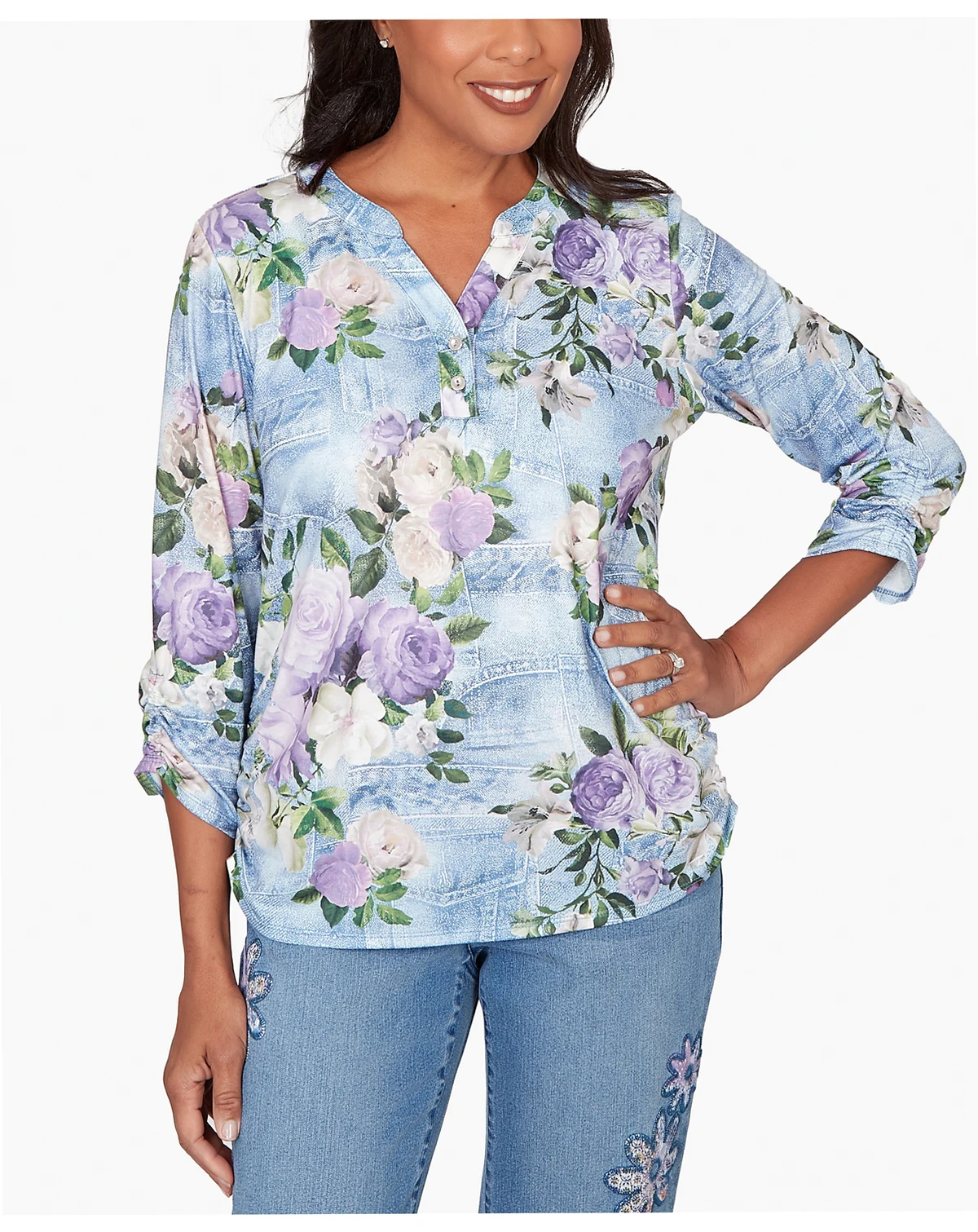 Women's Petite Hilton Head Denim Floral Applique Henley Top