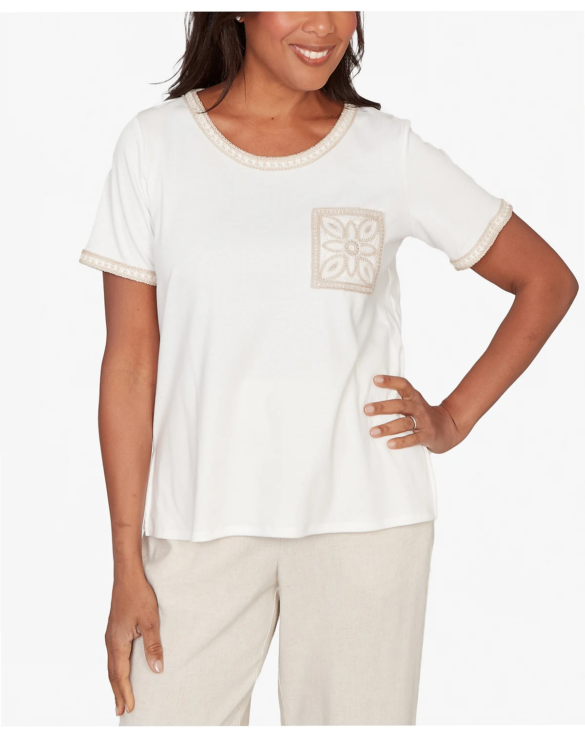 Women's  Natural Wonder Crochet Pocket Short-Sleeve T-Shirt