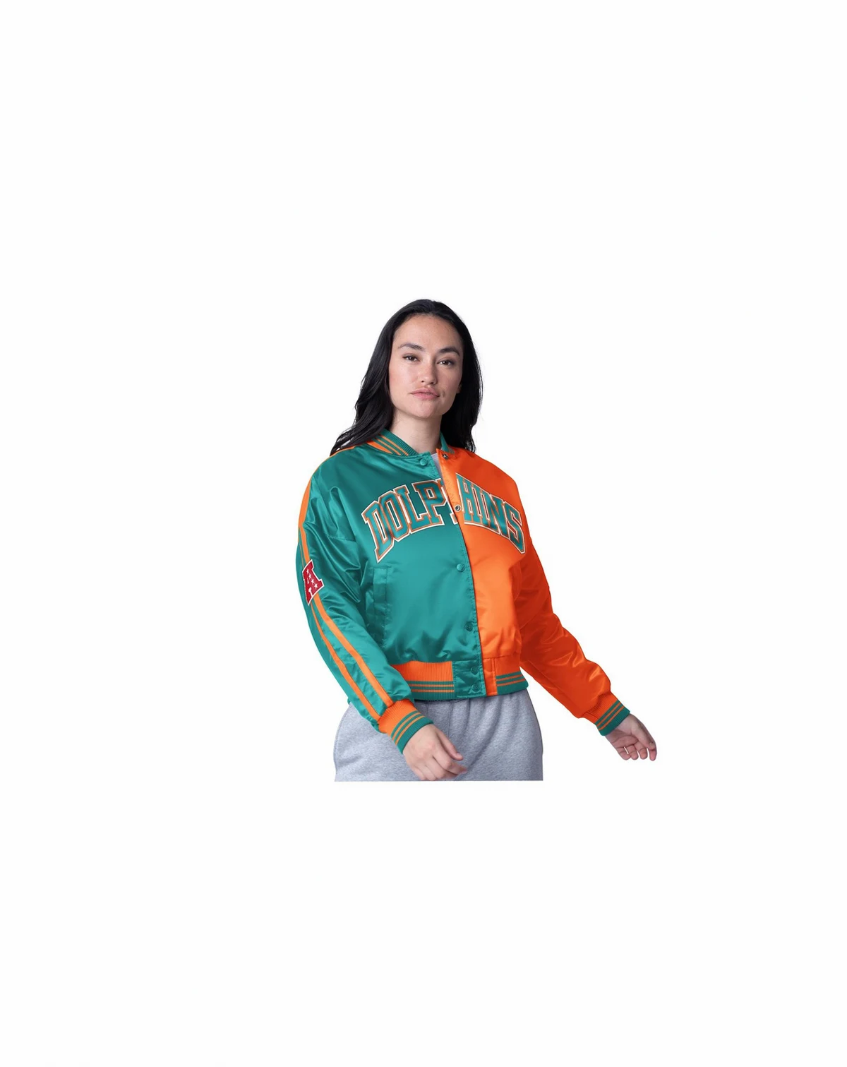 Women's Aqua/Orange Miami Dolphins Zone Blitz Cropped Full-Snap Satin Jacket