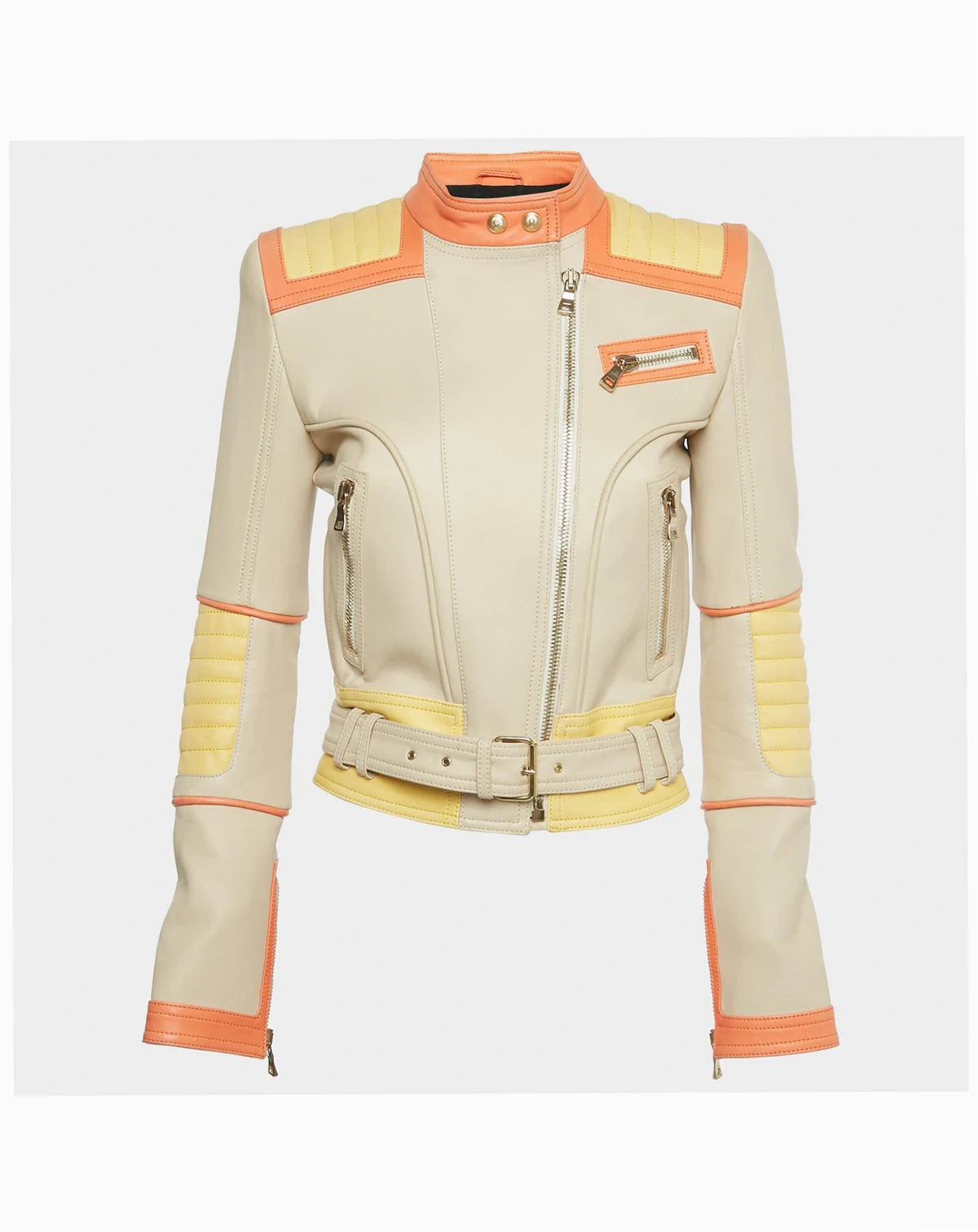 Women's Beige Leather Zip Up Biker Jacket