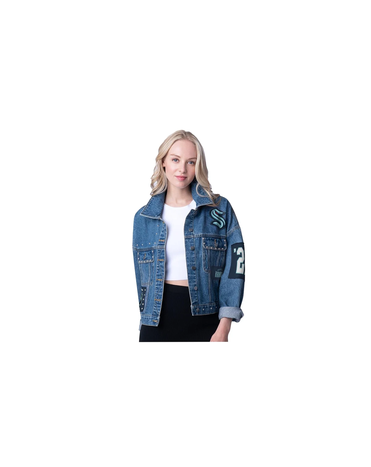Women's Seattle Kraken Game Ball Cropped Button-Up Denim Jacket