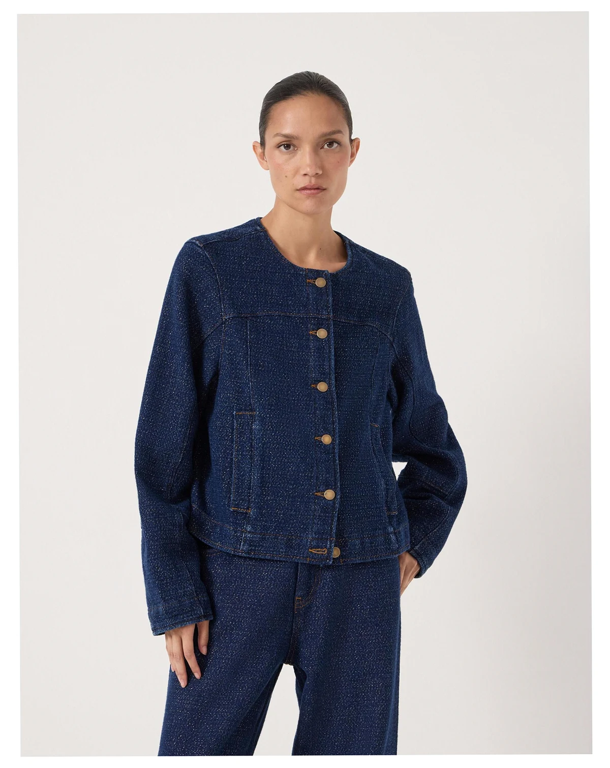 Women's Collarless Lurex Denim Jacket